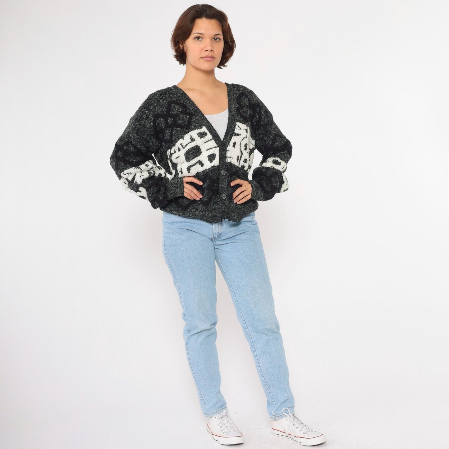 90s J.J. Blu Geometric Cardigan Grey Knit Abstract Button-Up Small