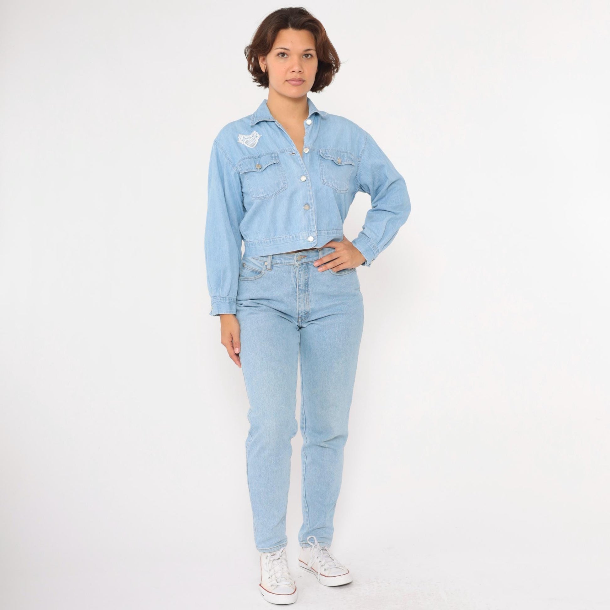 90s Light Wash Denim Crop Shirt Lace Heart Detail Button Up Small