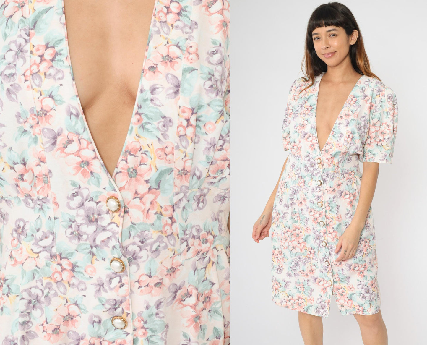 80s Caroline Wells Floral Midi Dress White Puff Sleeve Pearl Button Medium