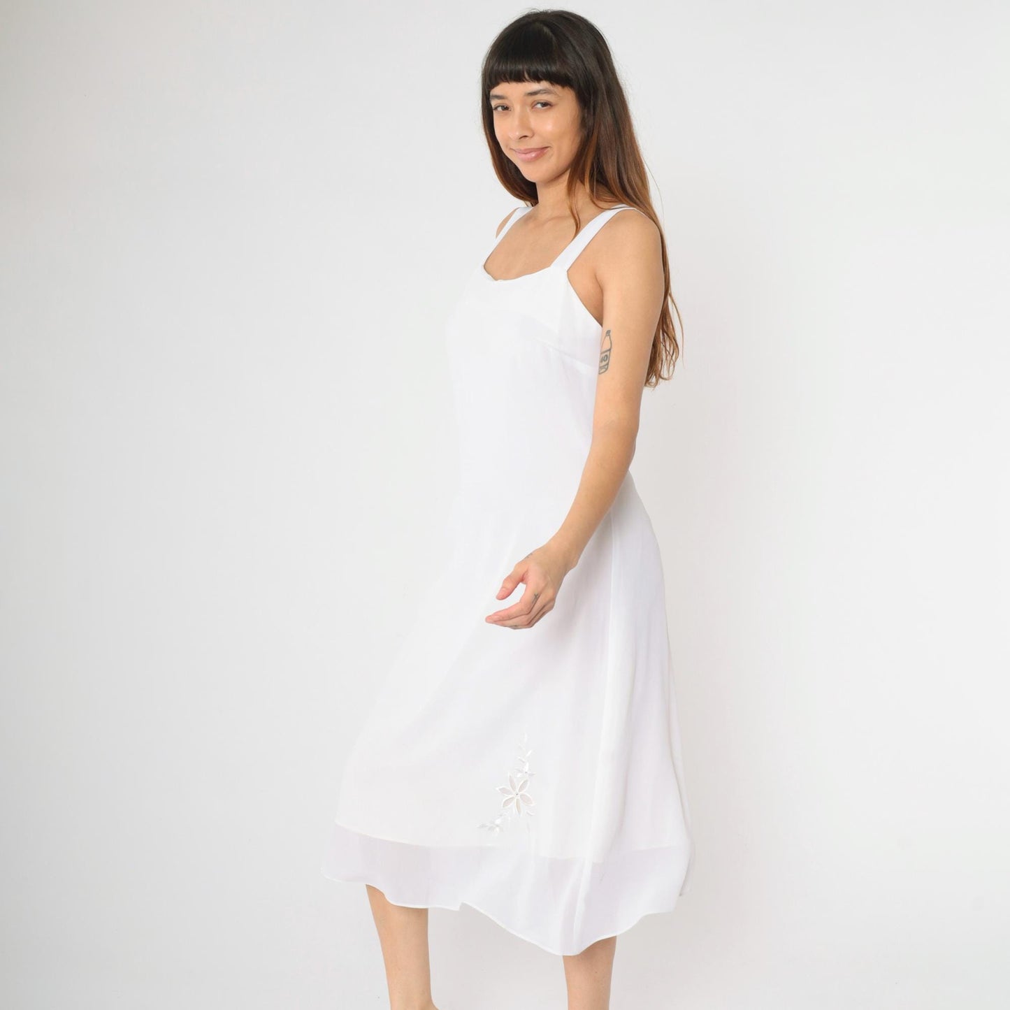 90s White Chiffon Midi Dress Floral Embroidered Cutwork Rhinestone Medium