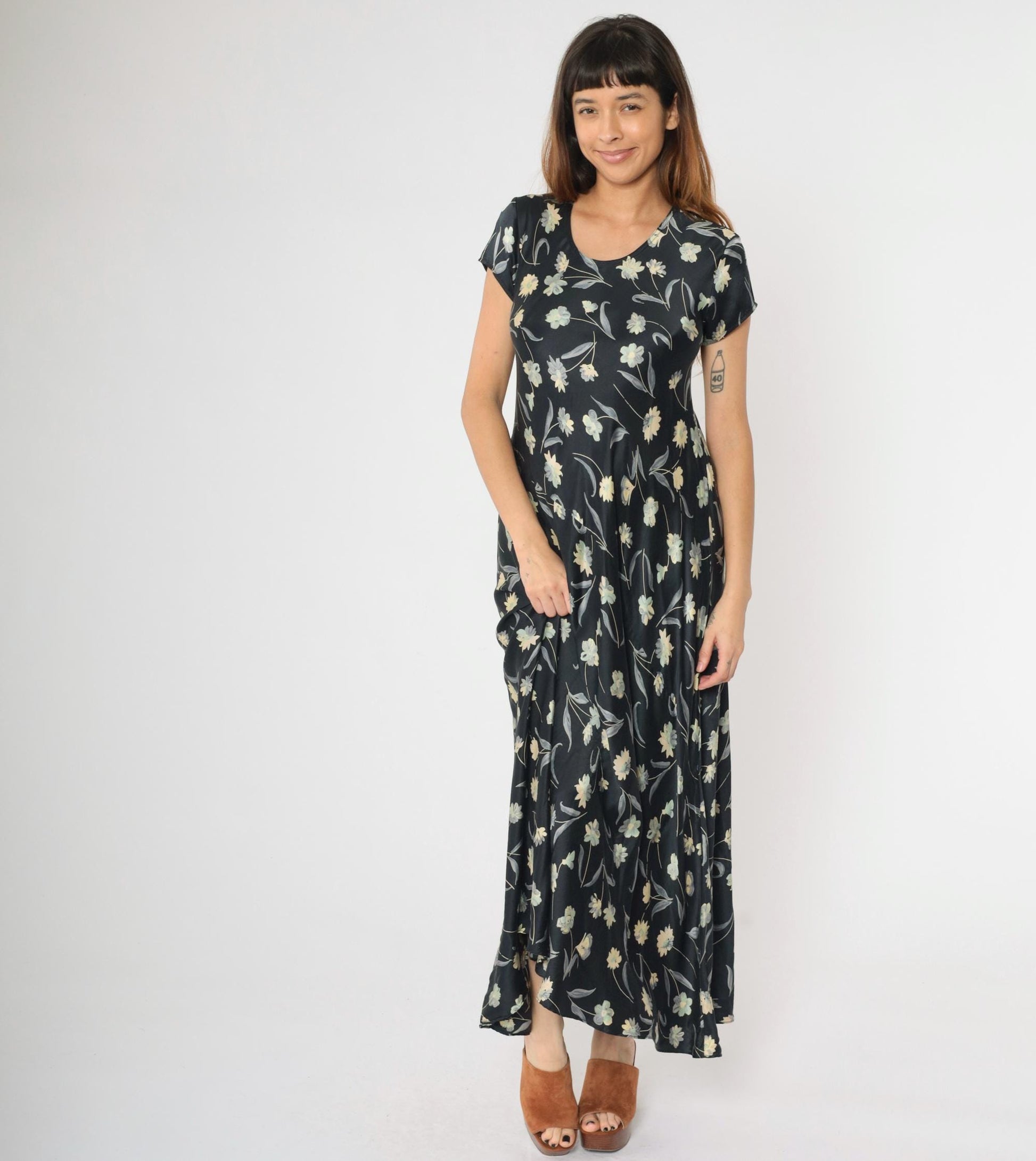 90s Black Floral Silk Maxi Dress Scoop Neck Short Sleeve Large L