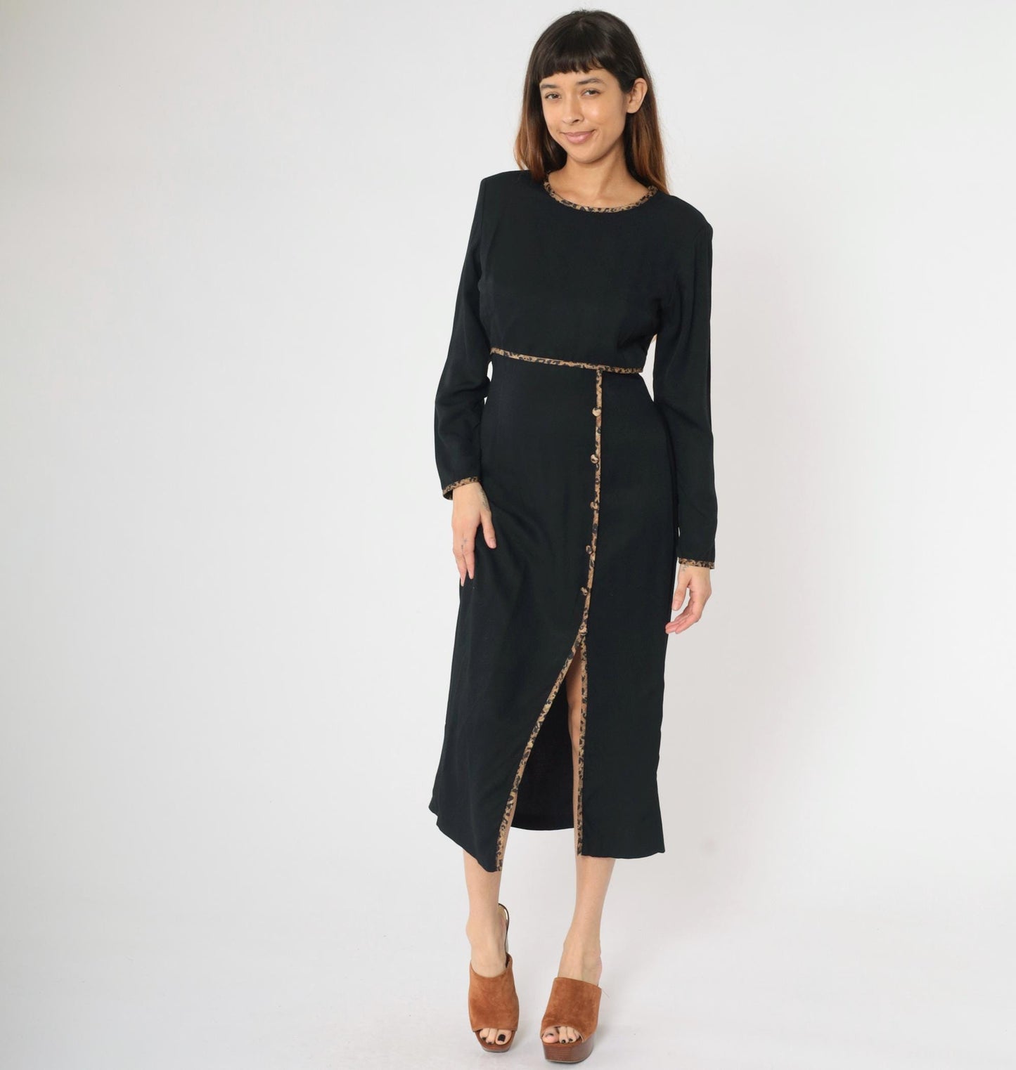 90s David Benjamin Black Midi Dress Leopard Trim High Waist Front Slit Medium