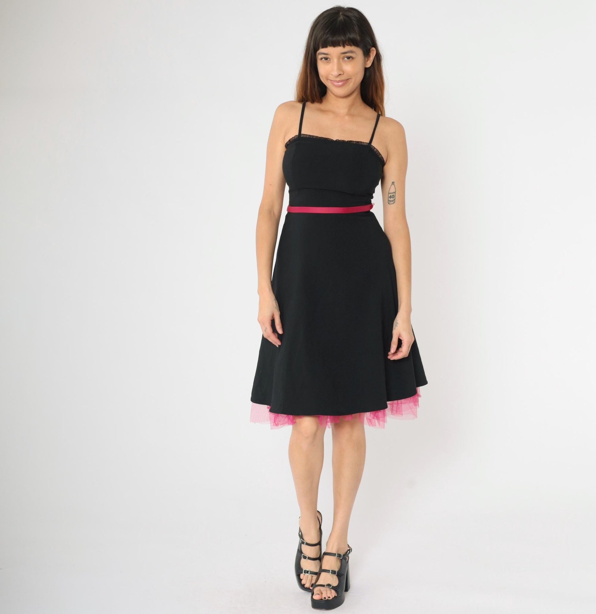 90s City Triangles Black Midi Dress Hot Pink Tulle Spaghetti Strap Small