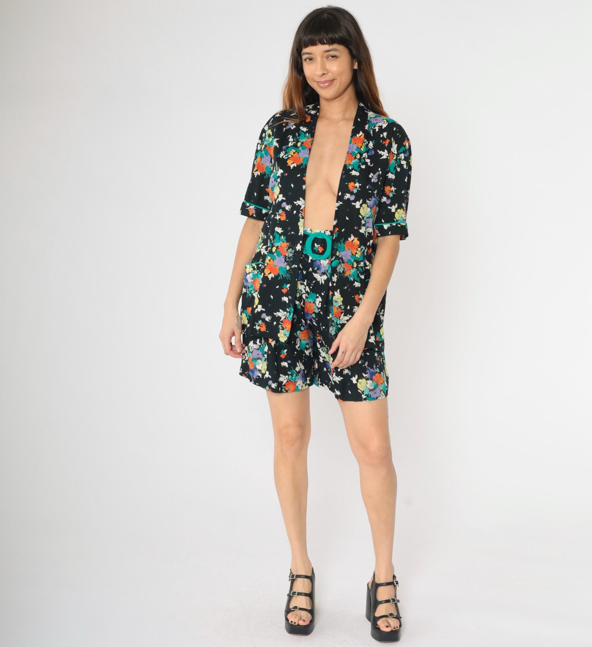 80s Synari Petites Floral Two-Piece Set Jacket Shorts Pleated Small