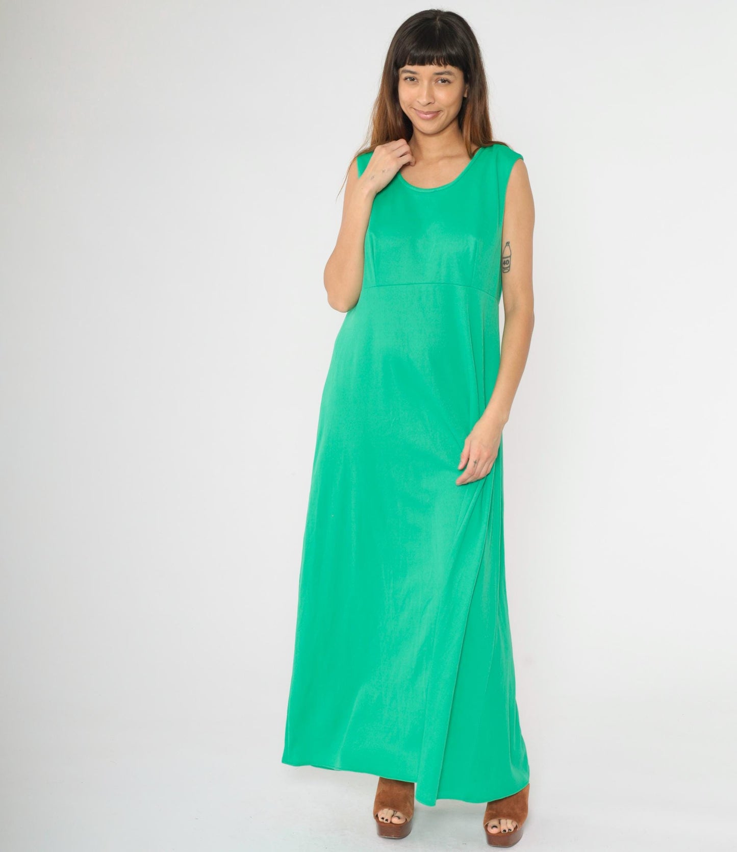 70s Green Maxi Dress Sleeveless High Waist Lily Lynn Large L