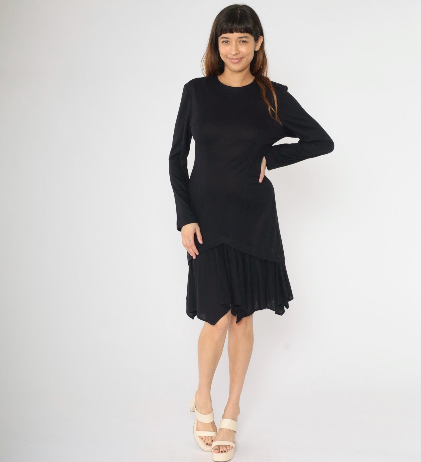 90s Black Knit Dress Asymmetric Layered Hem Long Sleeve Midi Medium