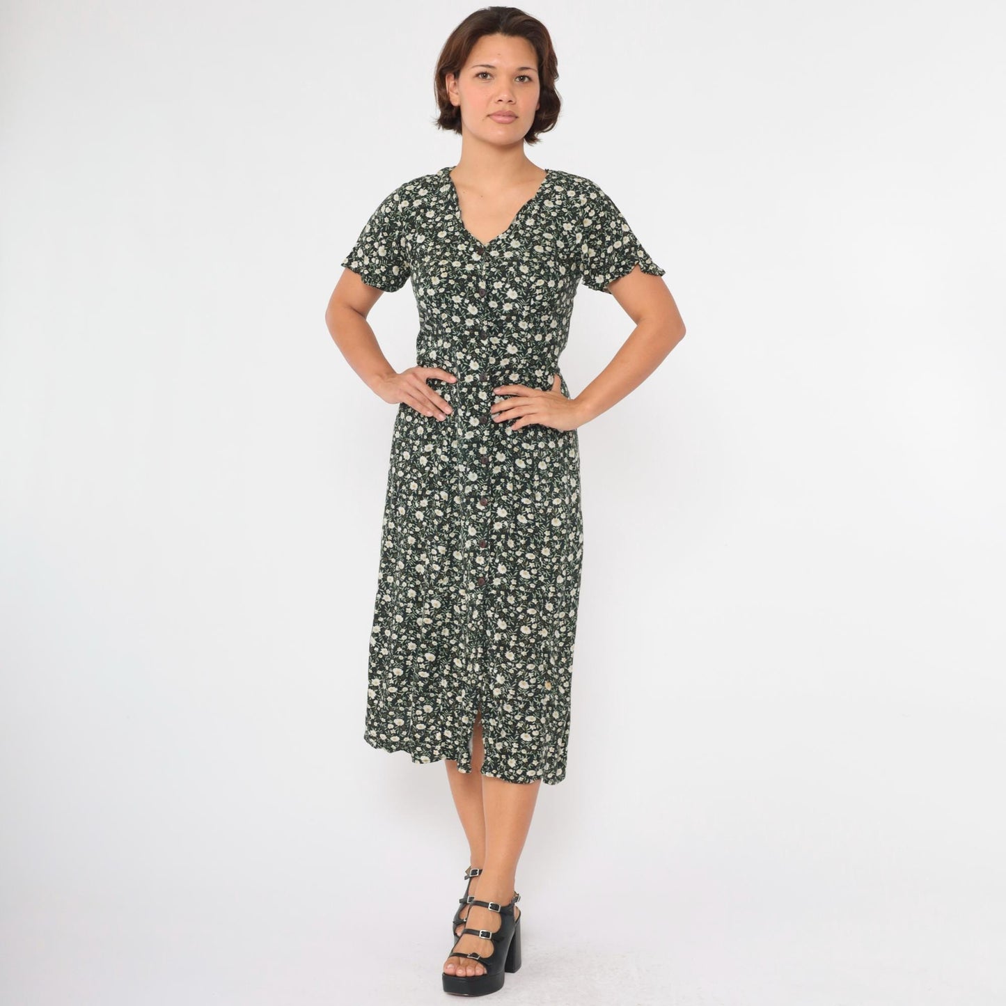 90s Black Floral Midi Dress Flutter Sleeve Button-Up Green White Small S