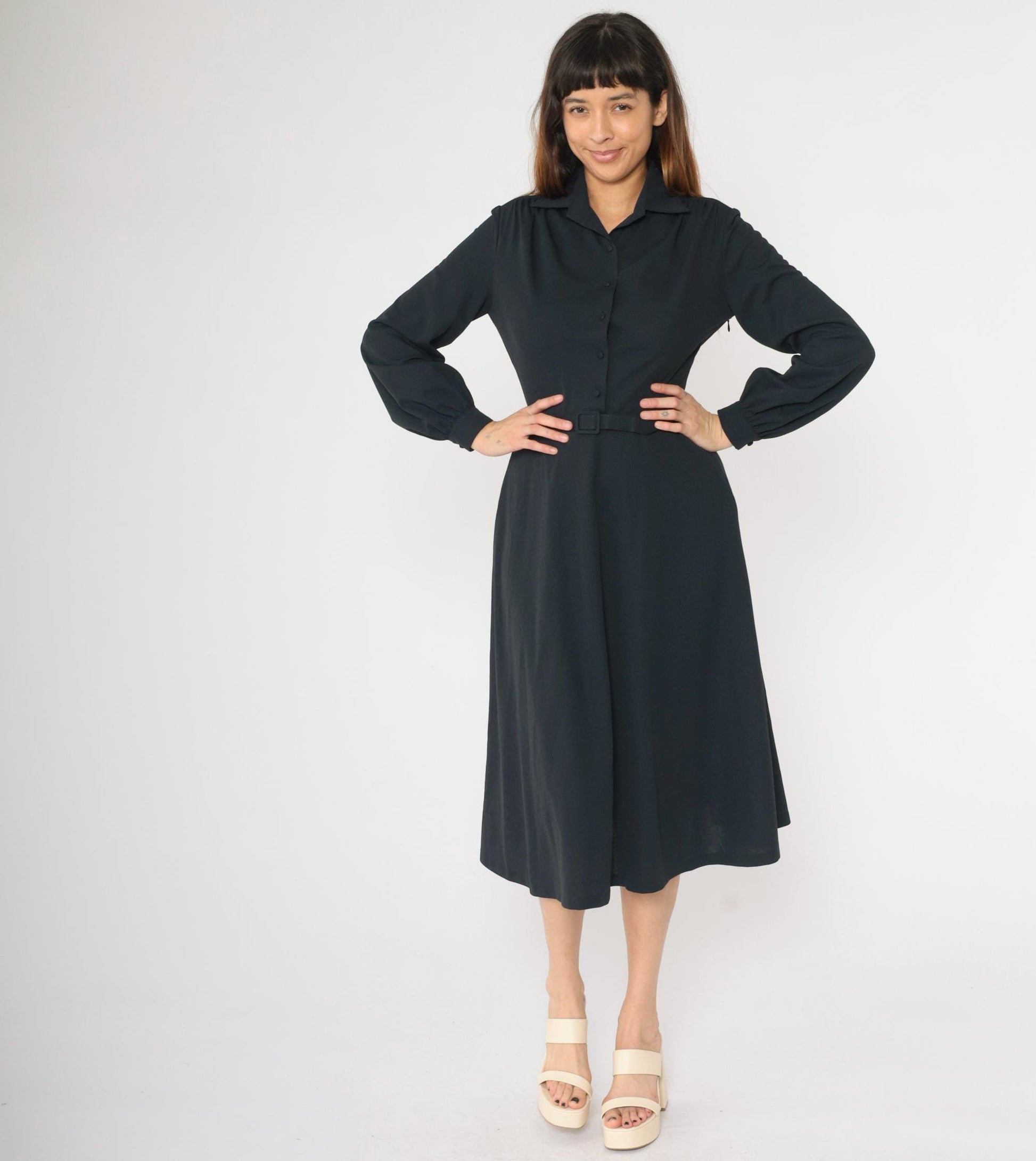 70s Black Midi Shirtdress Button-Up High Waisted Belted Collared Small S