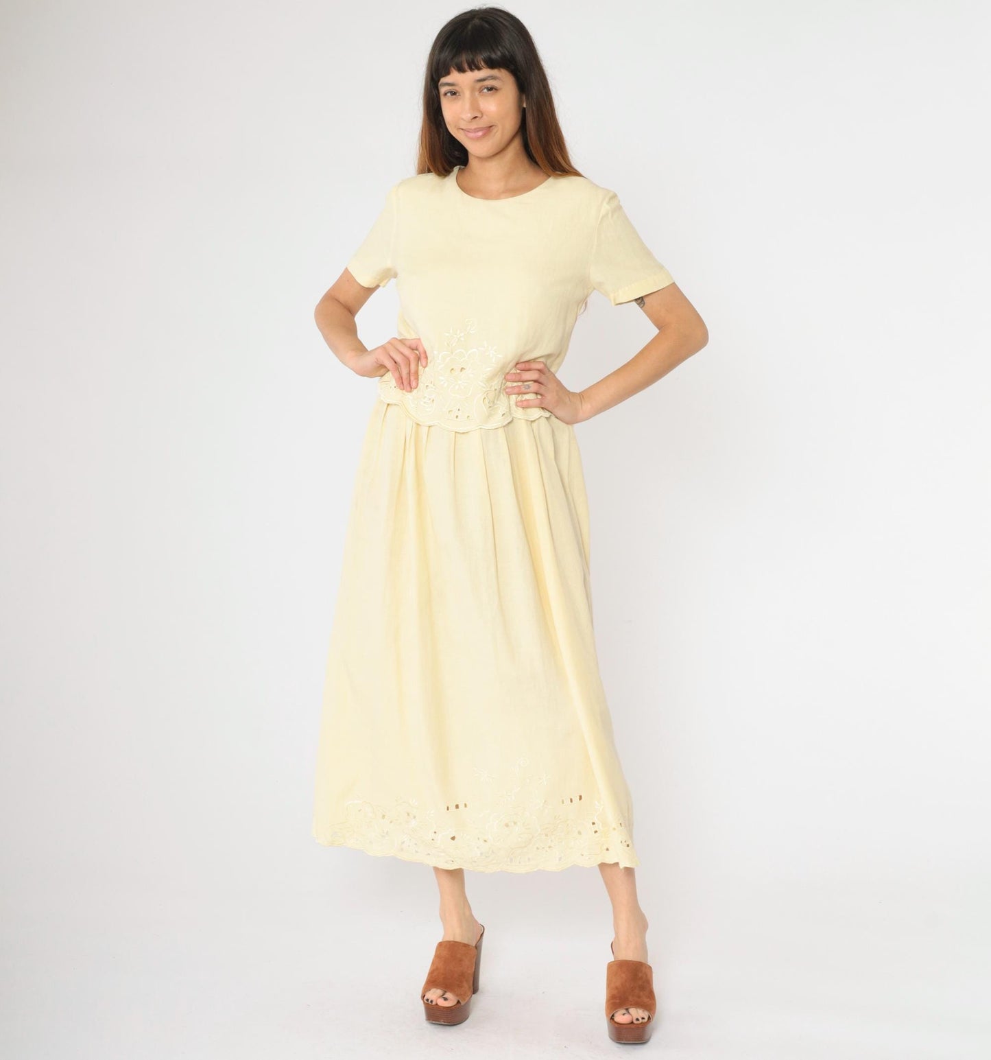 Y2K Coldwater Creek Floral Embroidered Maxi Dress Yellow Eyelet Small 6