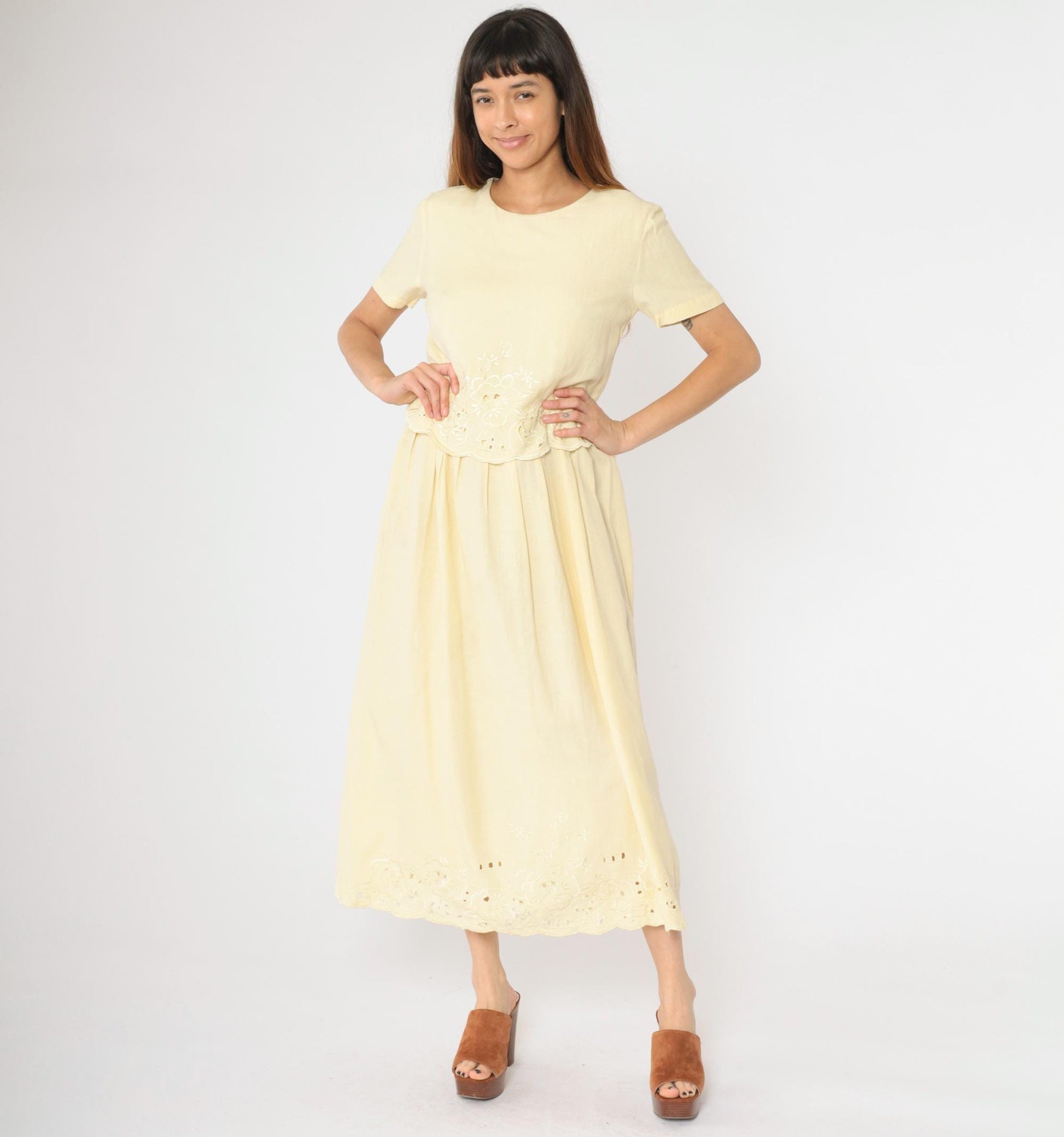 Y2K Coldwater Creek Floral Embroidered Maxi Dress Yellow Eyelet Small 6