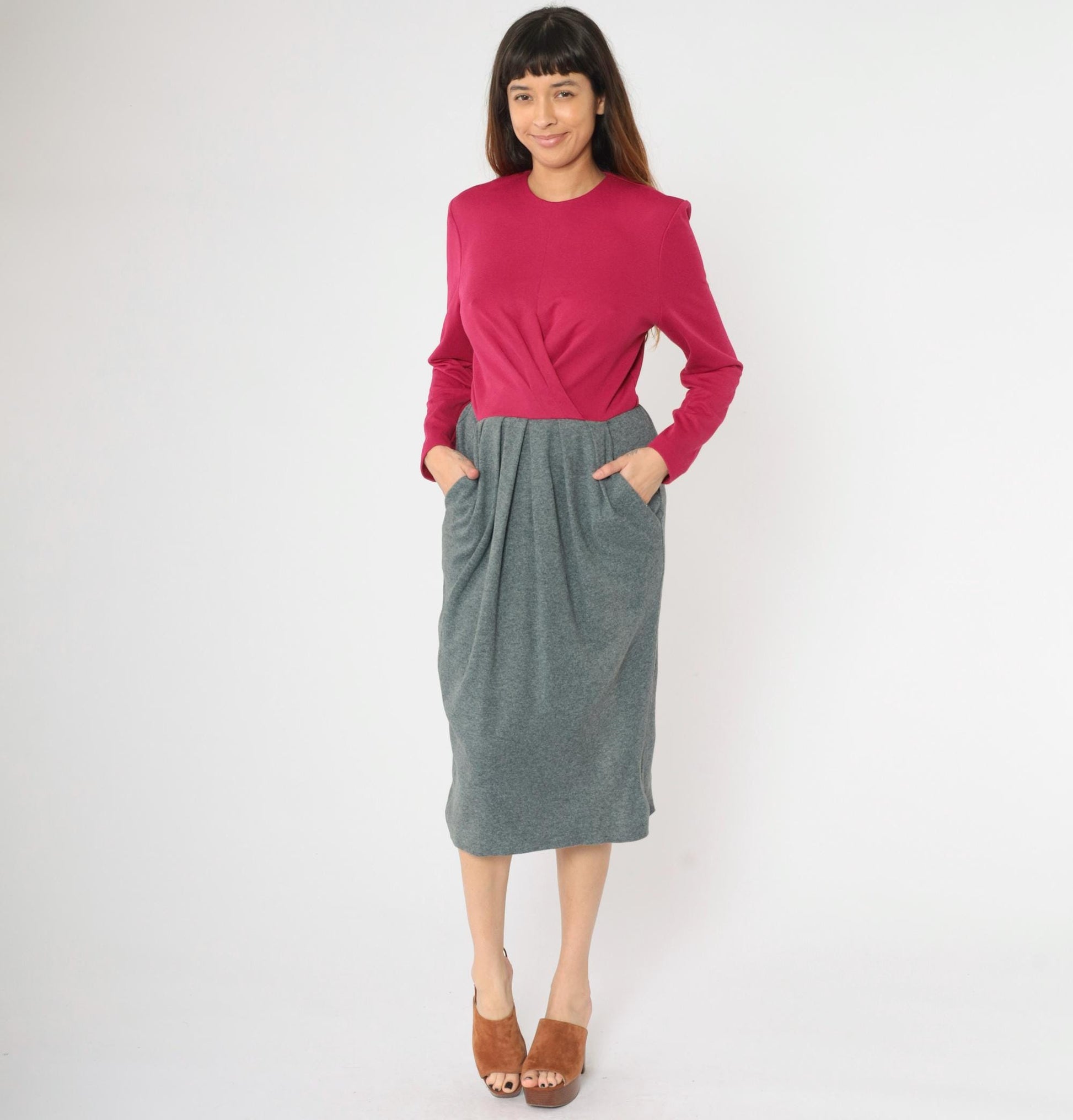 80s Leslie Fay Two-Tone Midi Dress Fuchsia Grey Pleated Small