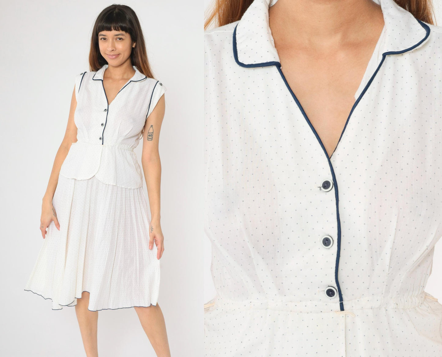 70s White Polka Dot Midi Dress Navy Piping Cap Sleeve Peplum Extra Small XS