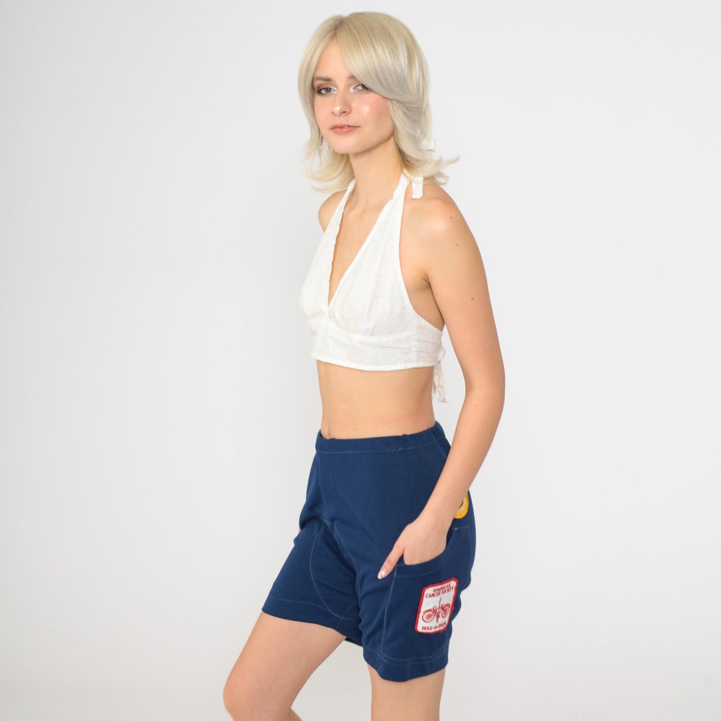 80s Navy Cycling Shorts National Park Patches High Waist Leather Chamois Medium