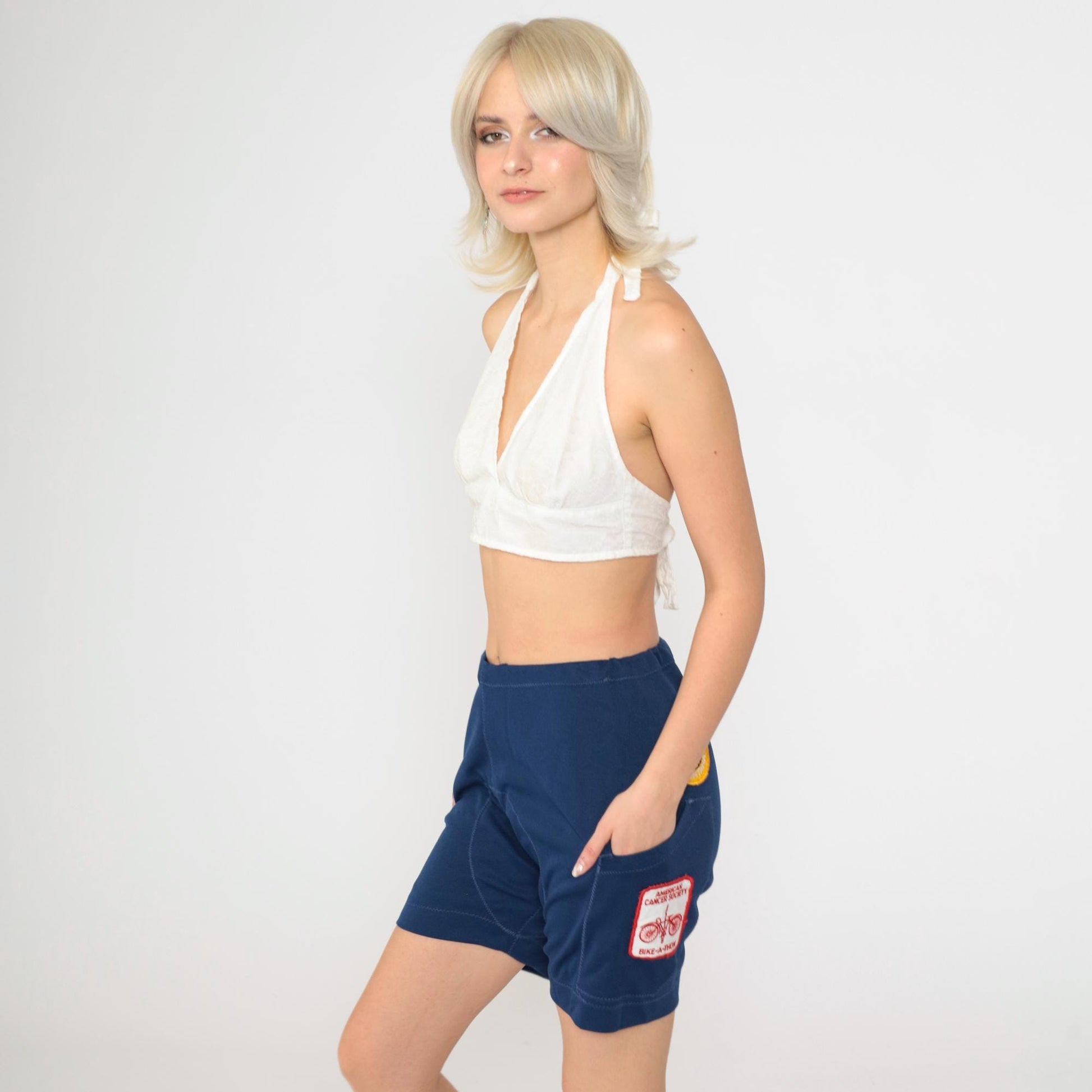 80s Navy Cycling Shorts National Park Patches High Waist Leather Chamois Medium
