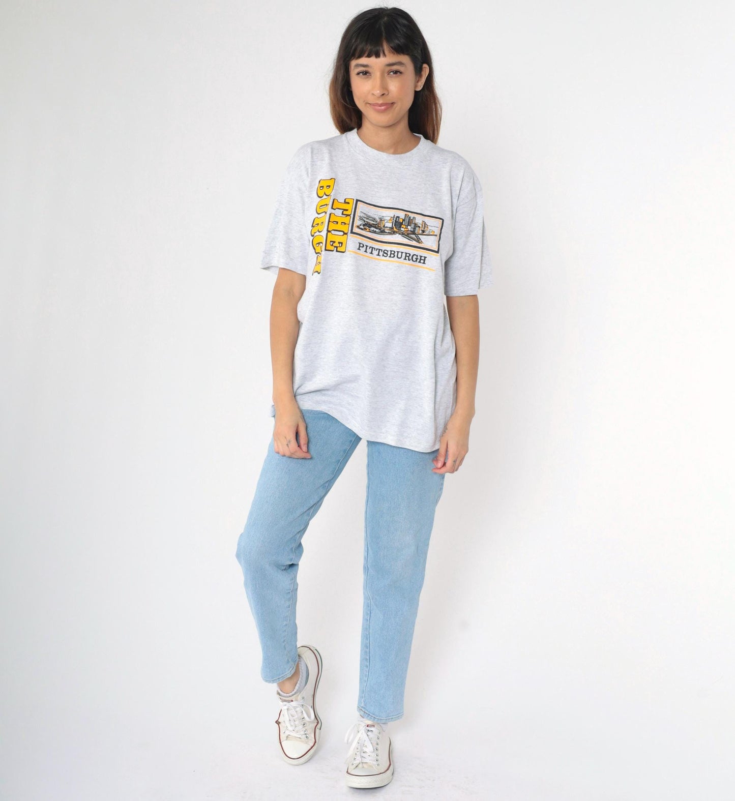 90s Pittsburgh Cityscape Graphic T-Shirt Grey The Burgh Jerzees Extra Large