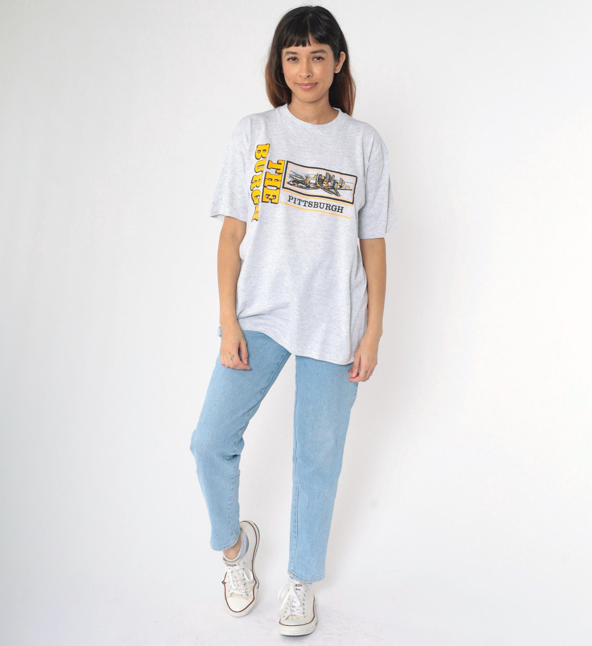 90s Pittsburgh Cityscape Graphic T-Shirt Grey The Burgh Jerzees Extra Large