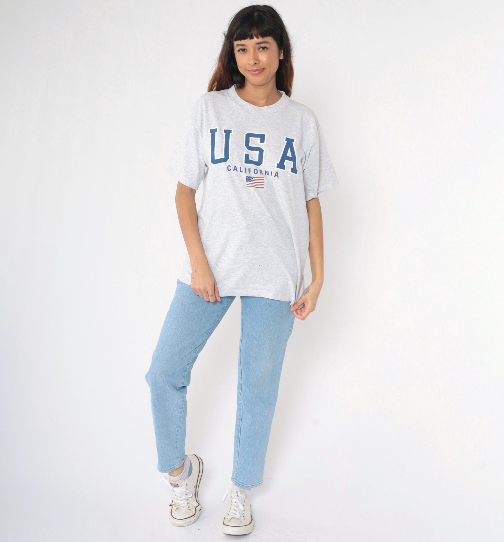 90s California USA American Flag Graphic T-Shirt Heather Grey Large L