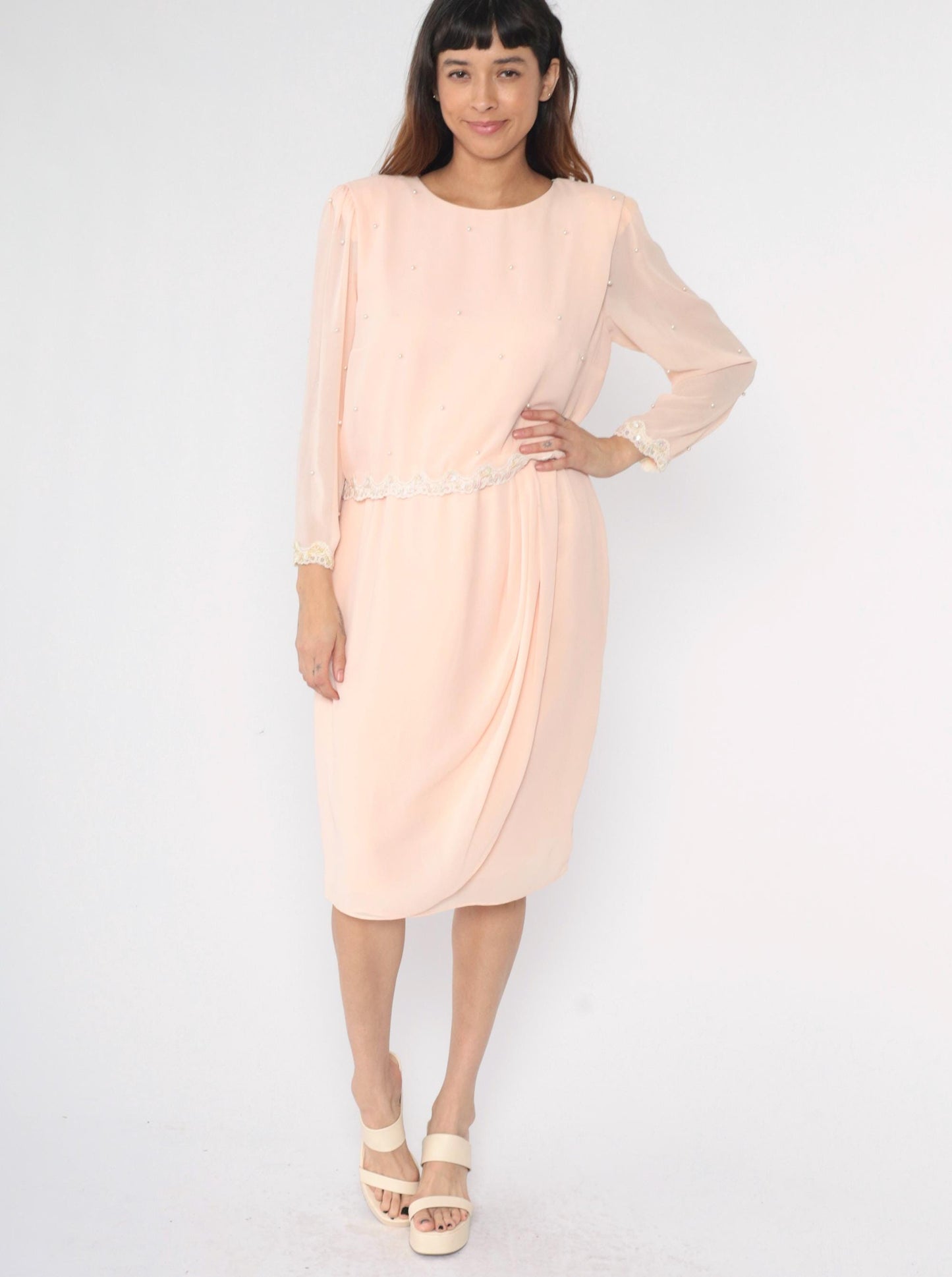 80s Miss Elliette Baby Pink Chiffon Midi Dress Puff Sleeve Beaded Sequin Medium