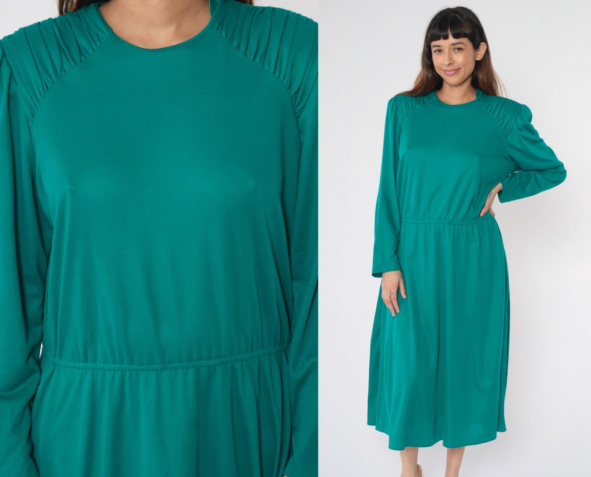 80s Teal Midi Dress Puff Sleeve High Waist Ruched Shoulders Large L