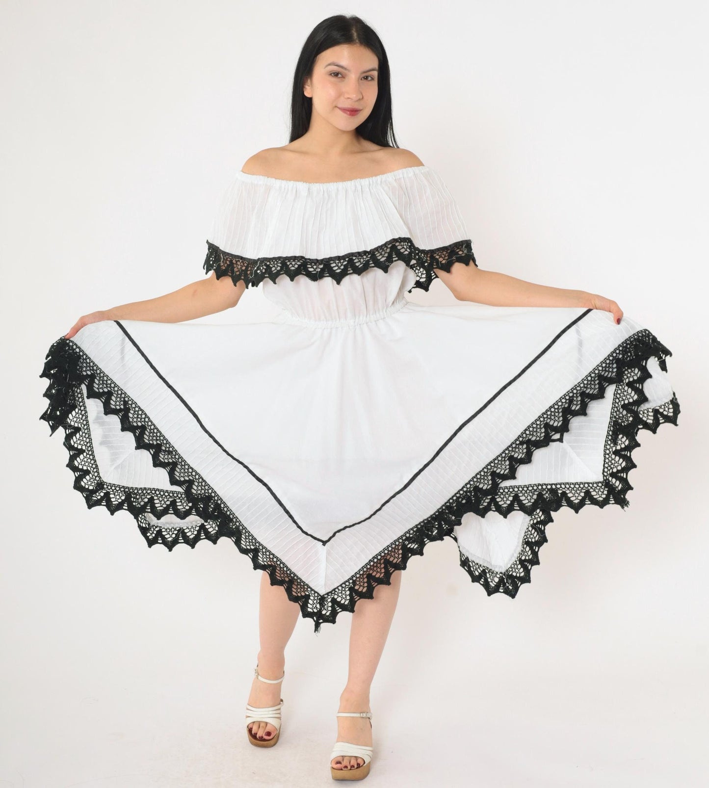 80s White Peasant Dress Off-Shoulder Midi Black Lace Trim Scarf Hem Small