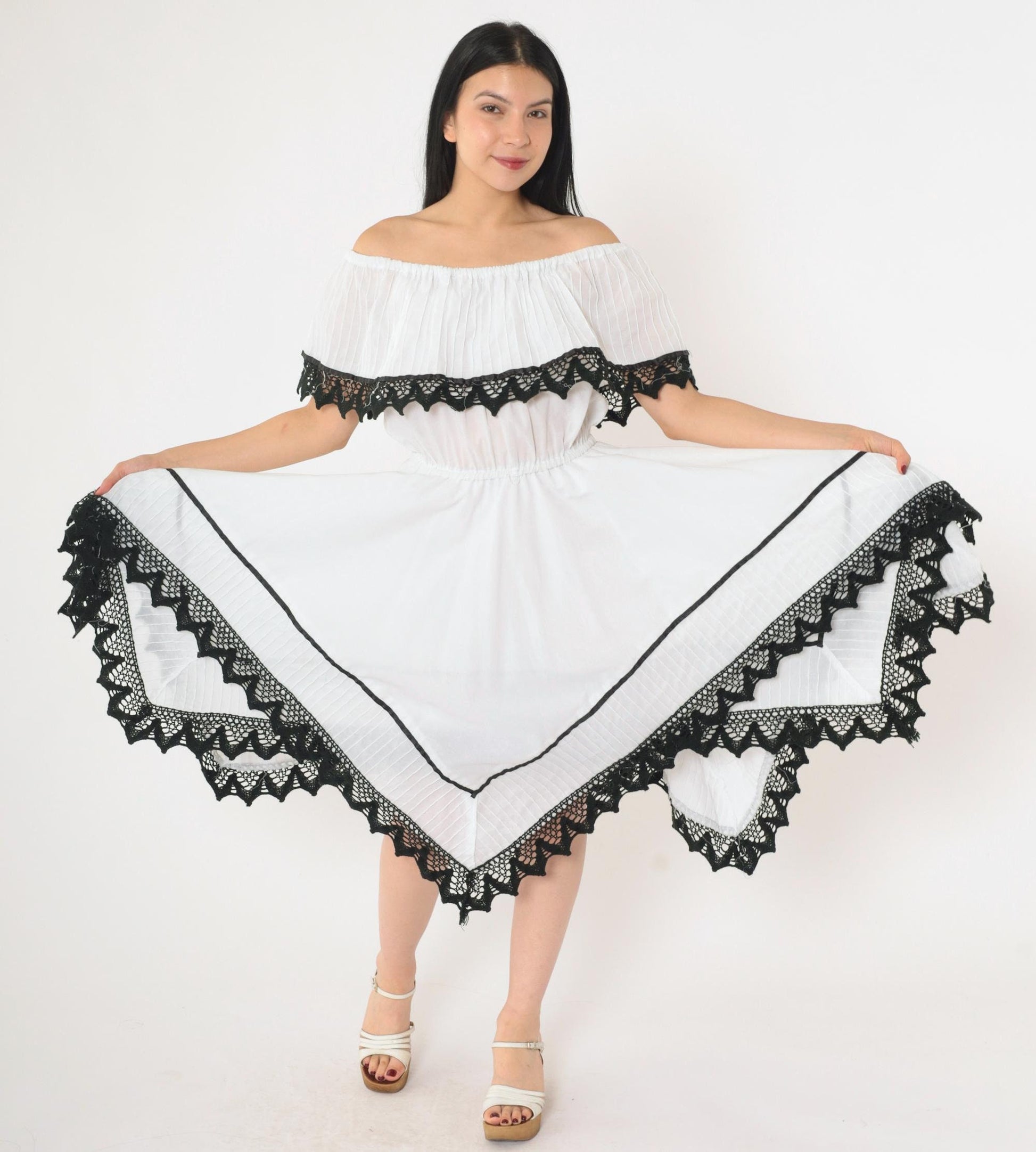 80s White Peasant Dress Off-Shoulder Midi Black Lace Trim Scarf Hem Small