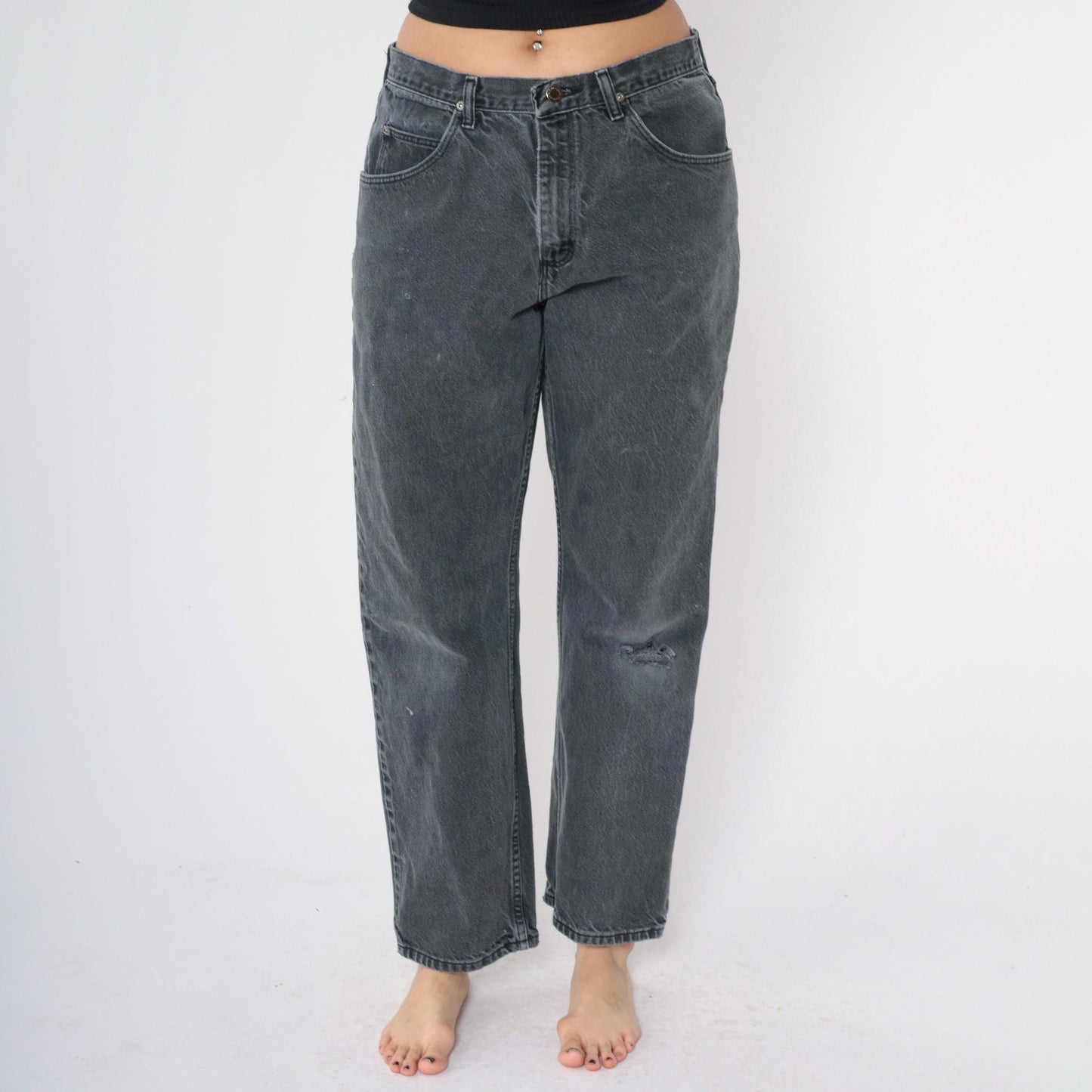 90s Wrangler Faded Black Straight Leg Jeans Knee Rip High Rise 32x30 Men's