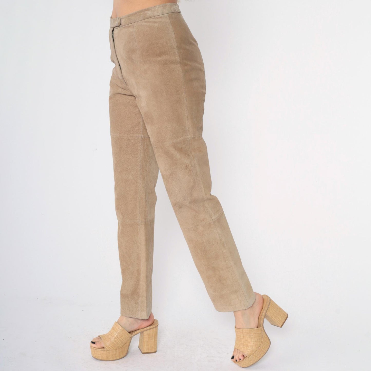 Y2K Tan Suede Leather Pants Straight Leg High Waist Modern Images Medium M