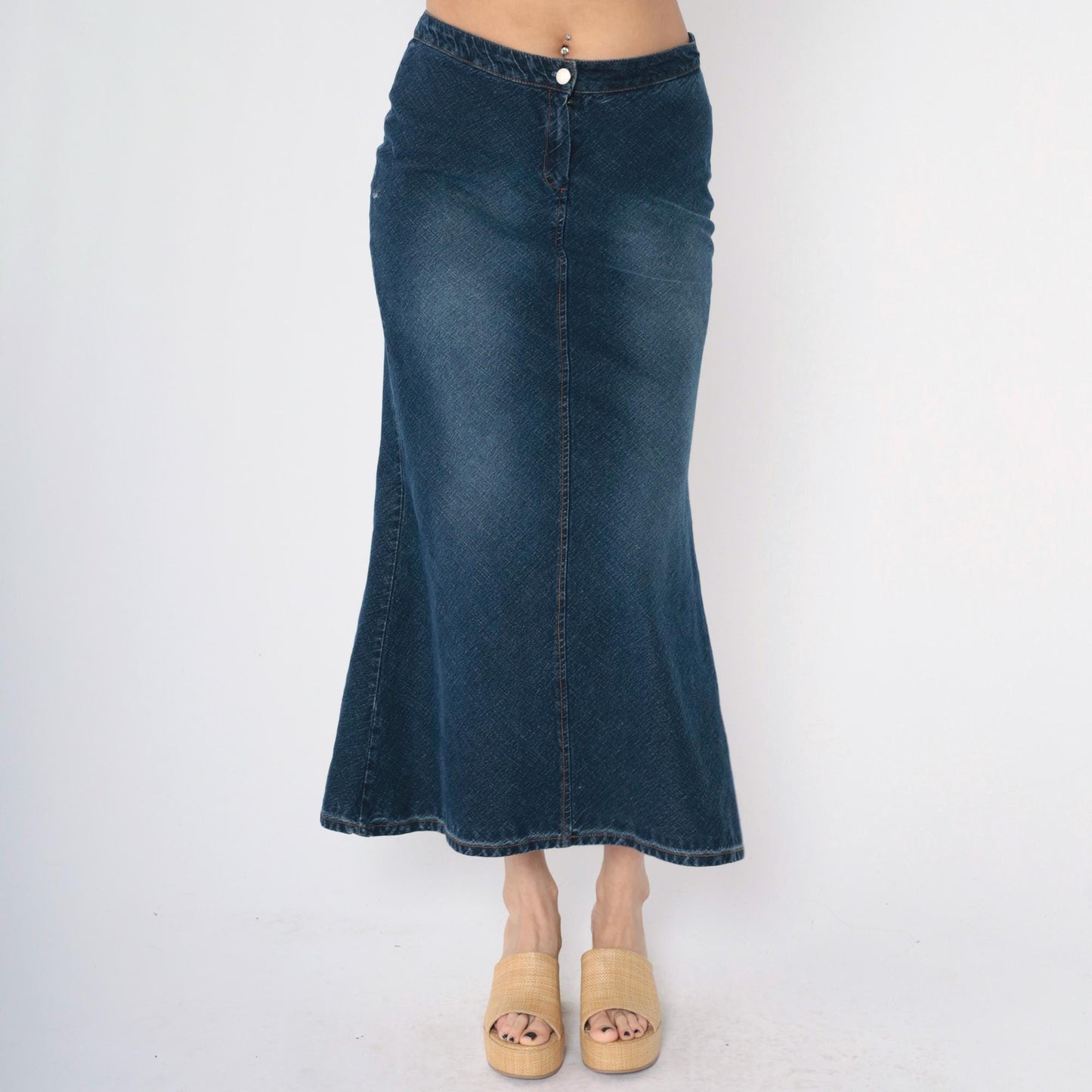Y2K Dark Wash Denim Maxi Skirt High Rise Flared Jean Faded Blue Medium