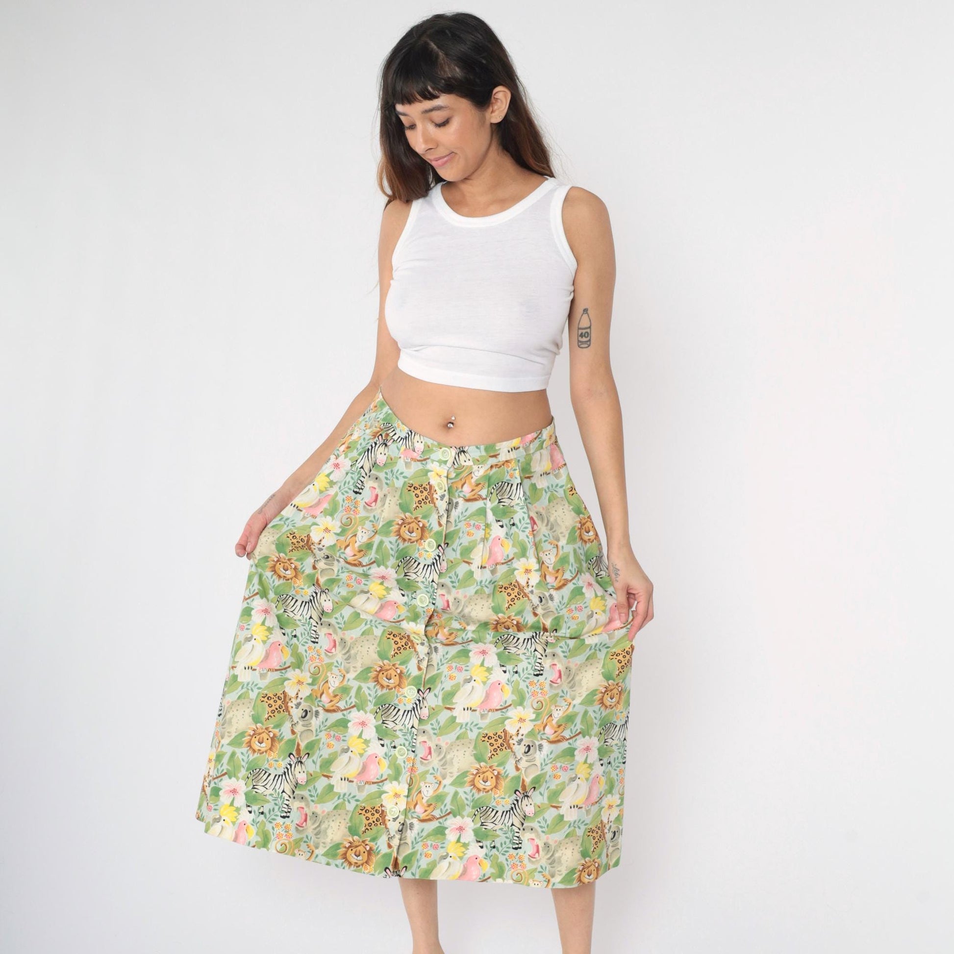 90s Safari Animal Print Midi Skirt Button Front Green Floral Medium