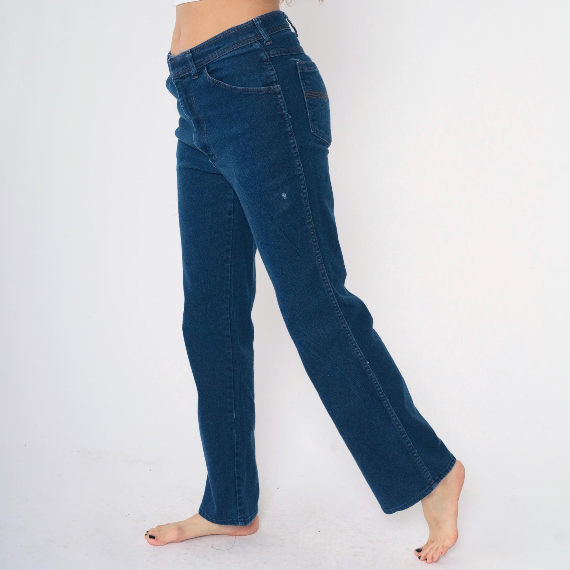 80s Dark Wash Straight Leg Jeans High Rise Western Stitching Medium M