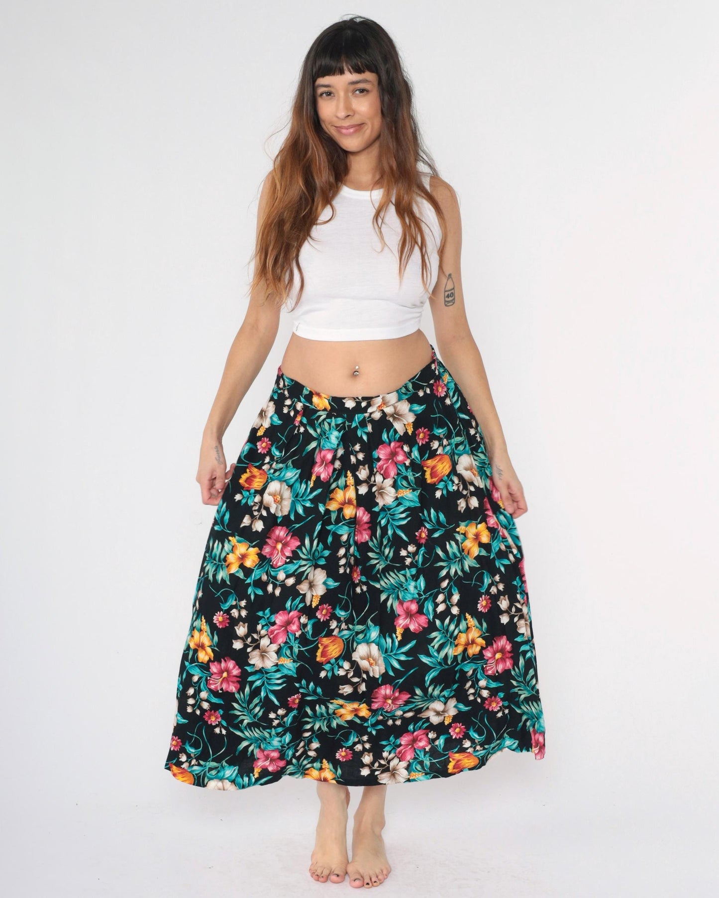 90s Tropical Floral Midi Skirt Black Rayon High Waist Large L