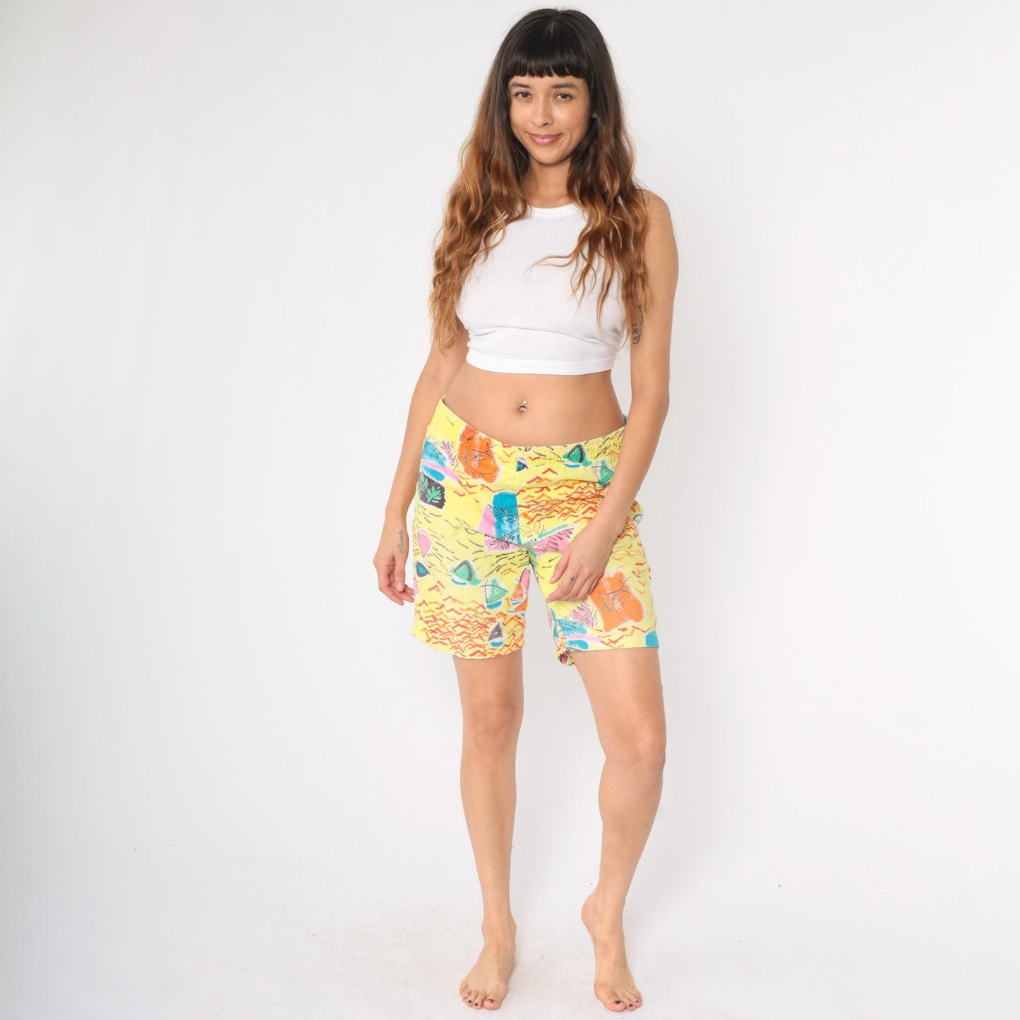 90s Yellow Nautical Abstract Sailboat Shorts High Waist Wide Leg Medium