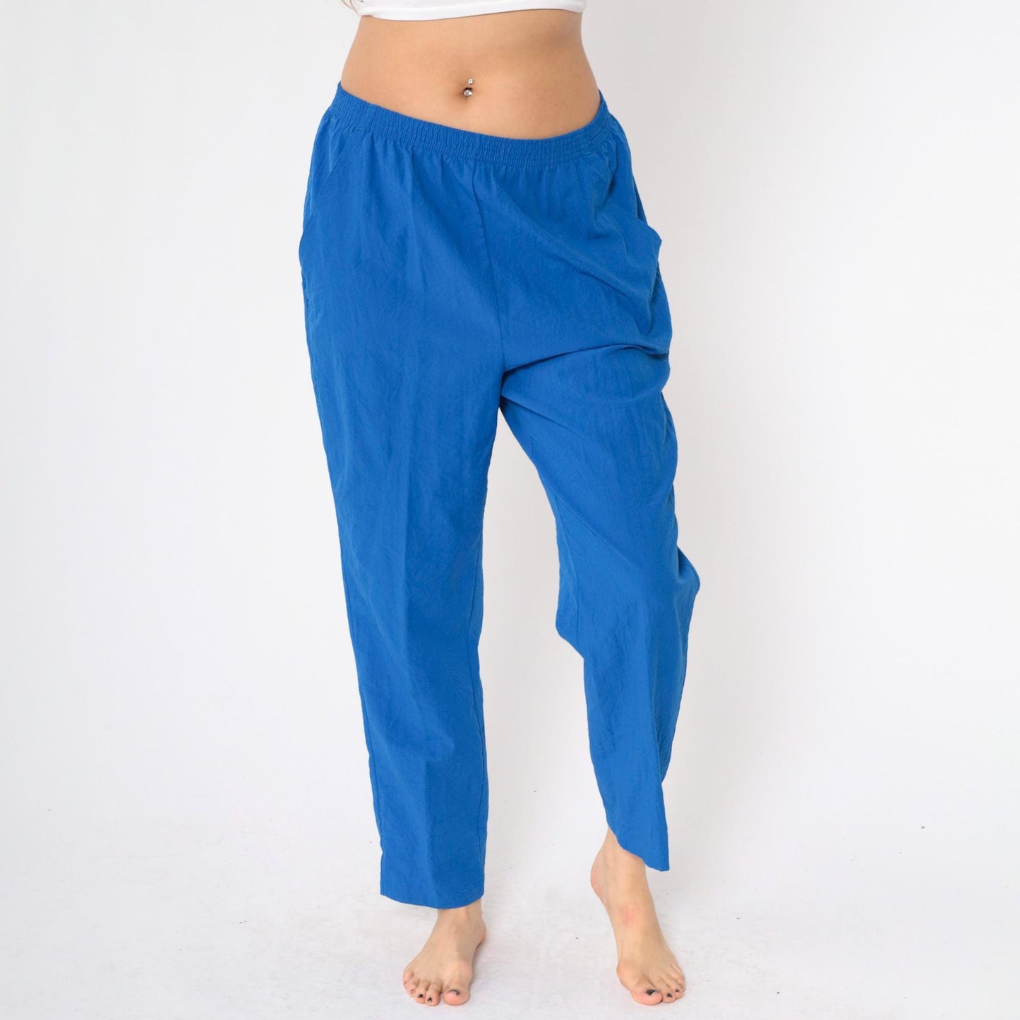 80s Blue Elastic Waist Tapered Trousers Pull-On Medium M