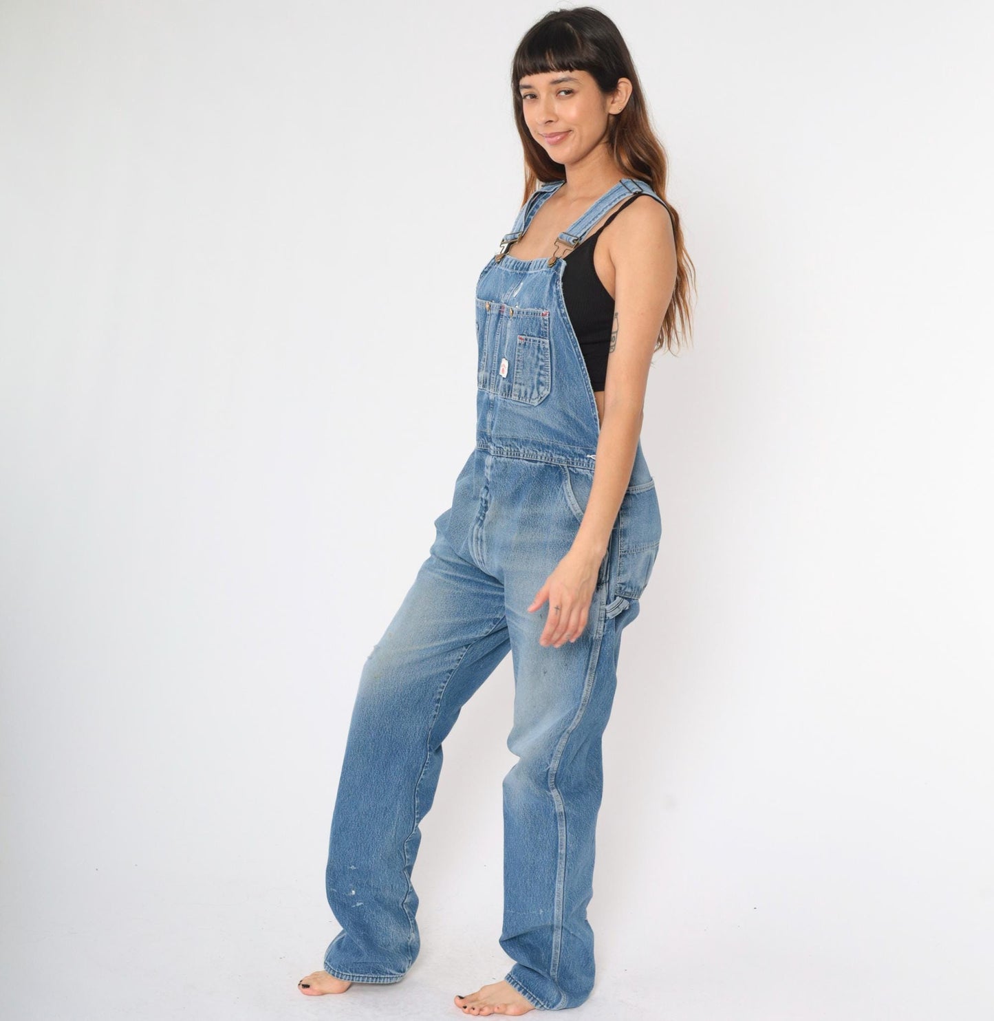 90s Round House Denim Overalls Distressed Blue Workwear Unisex Small