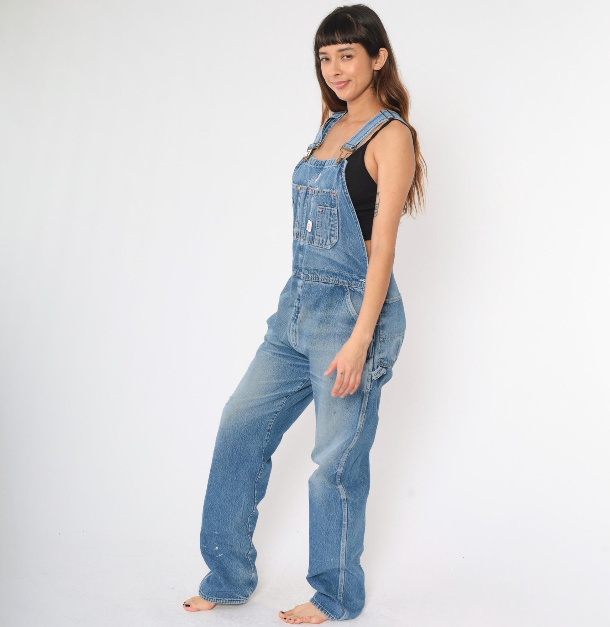 90s Round House Denim Overalls Distressed Blue Workwear Unisex Small