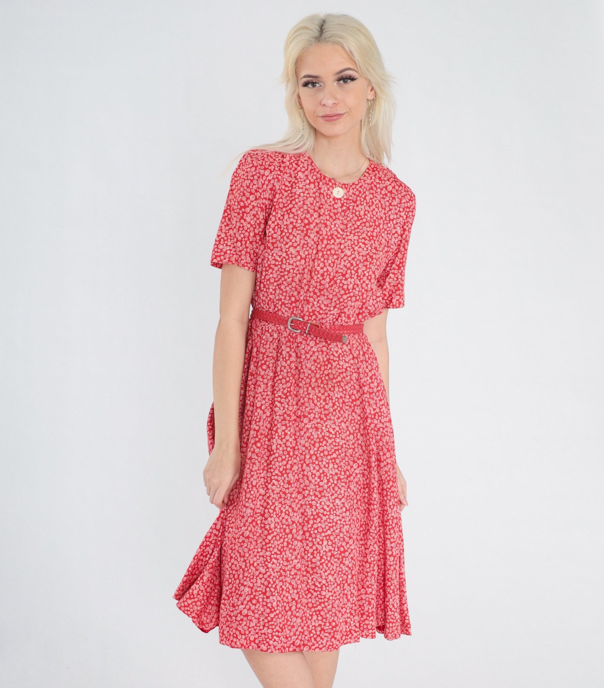 90s Talbots Red Swirl Print Midi Dress Button-Up High Waist Short Sleeve XS