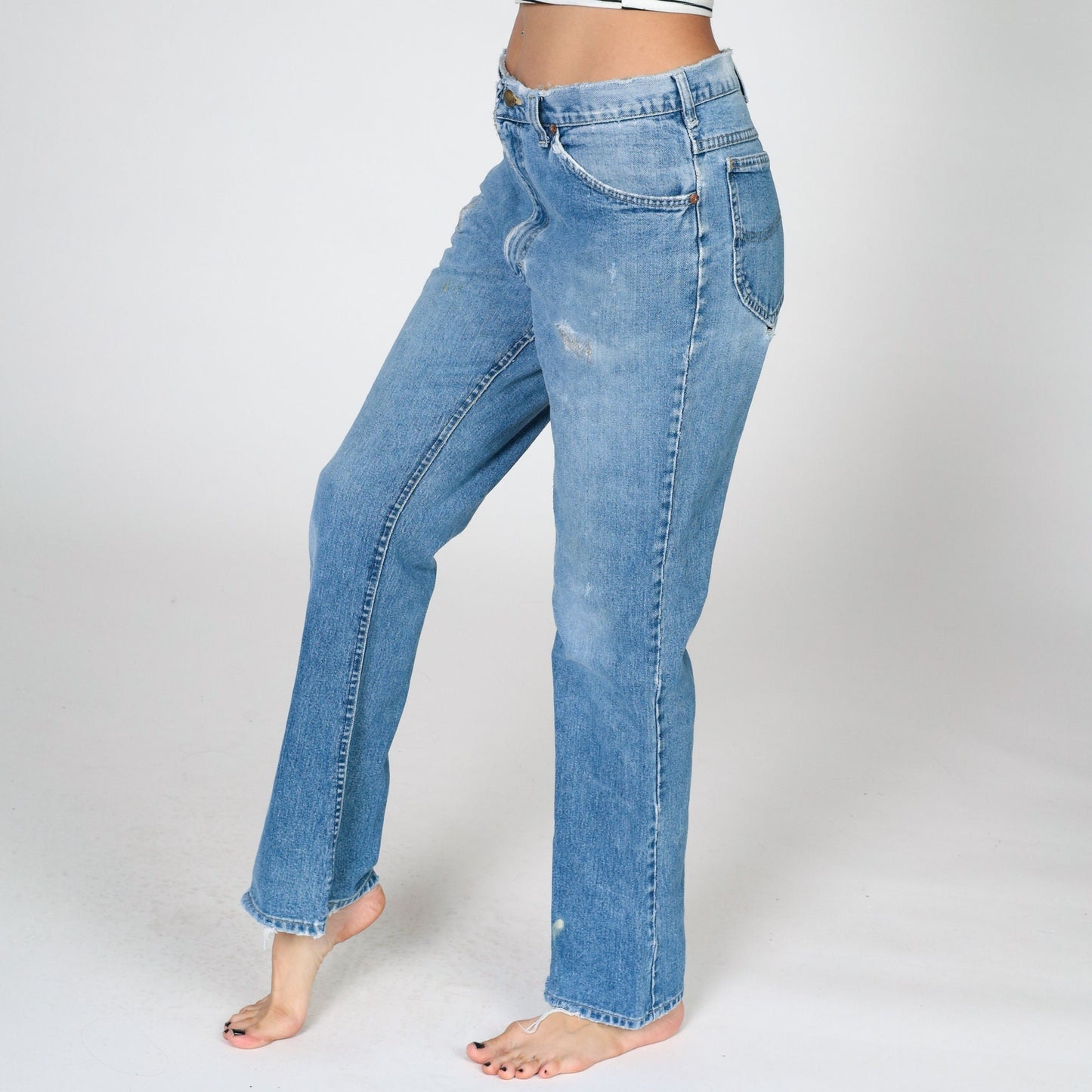 80s Lee High Waist Straight Leg Jeans Distressed Blue Denim Men's 33