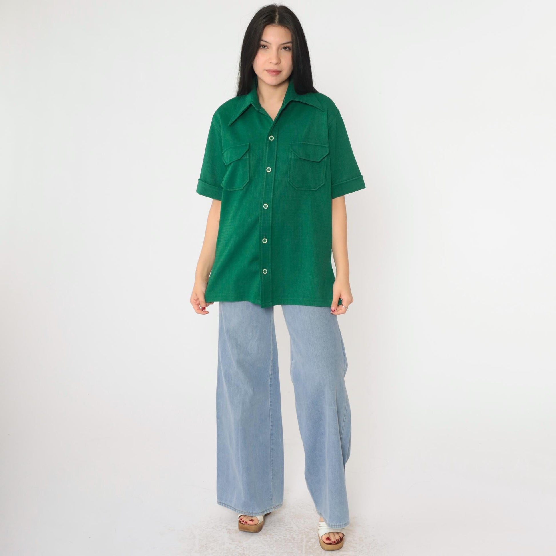 70s Green Button-Up Shirt Dagger Collar Short Sleeve Men's Medium
