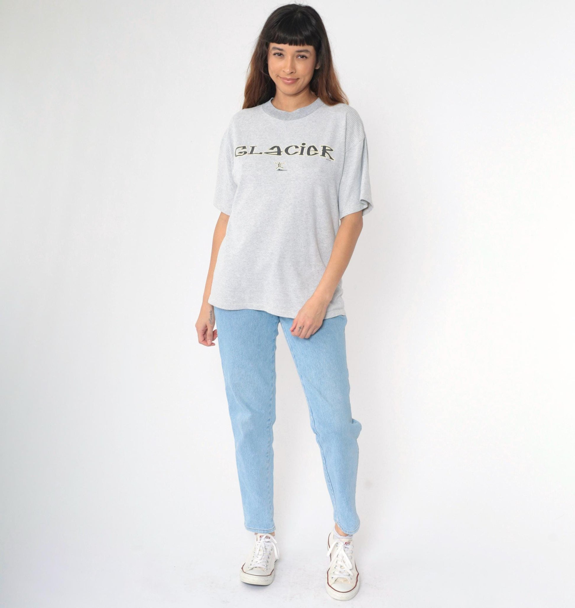 90s Glacier National Park Graphic T-Shirt Grey Stick Figure Crewneck Large L
