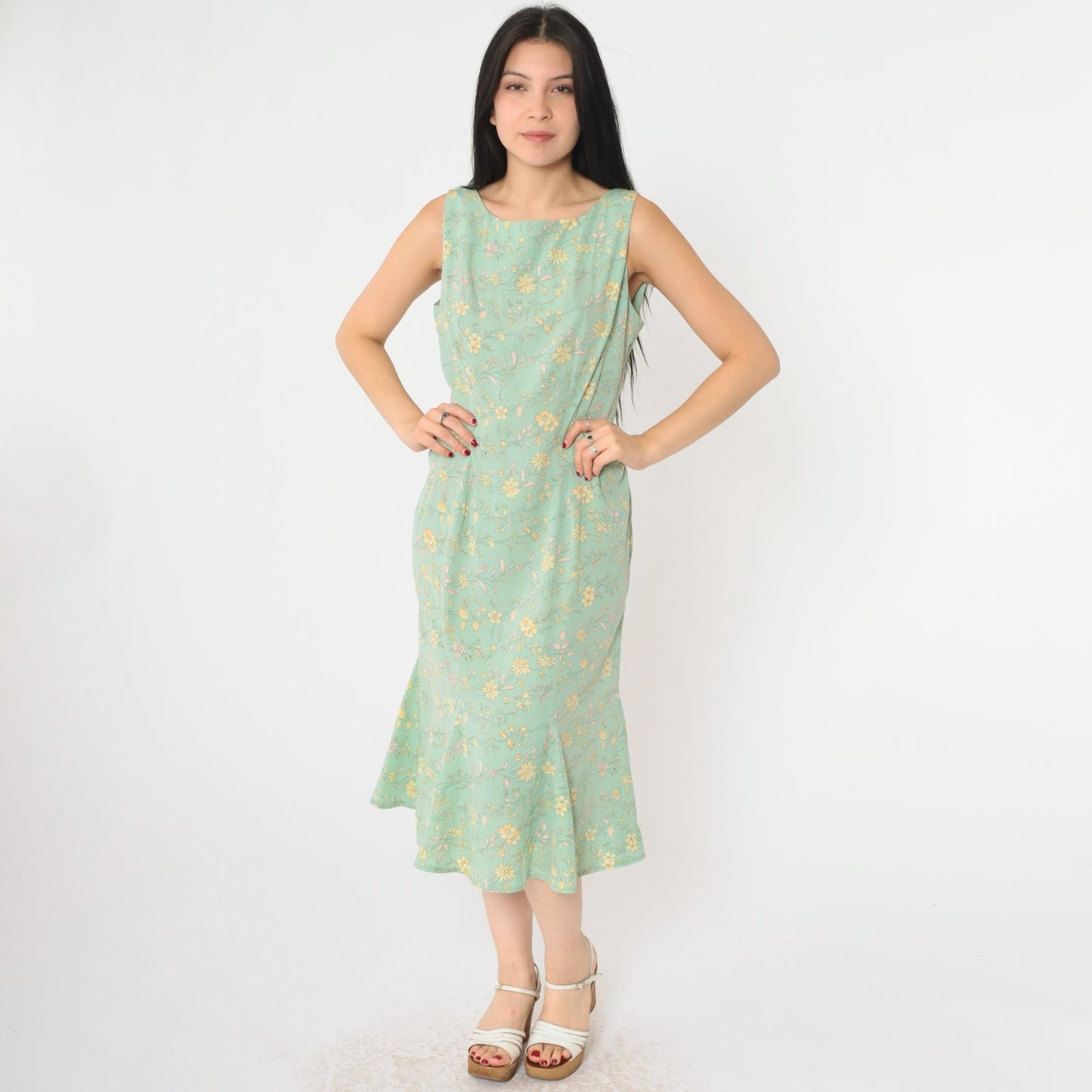 90s R&K Originals Floral Midi Dress Green Yellow Pink Sleeveless Medium