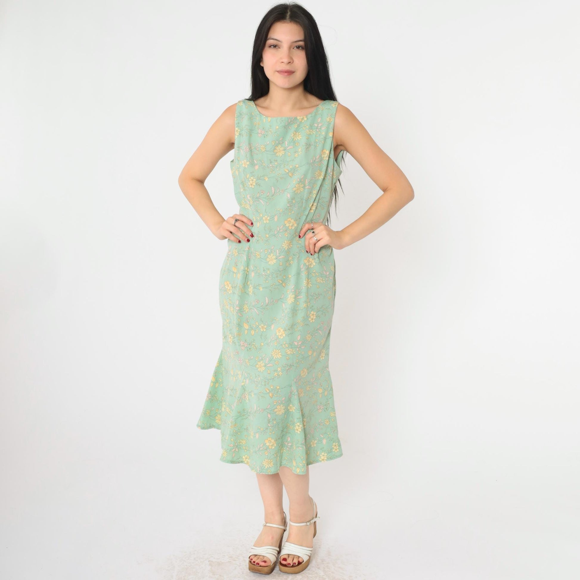 90s R&K Originals Floral Midi Dress Green Yellow Pink Sleeveless Medium