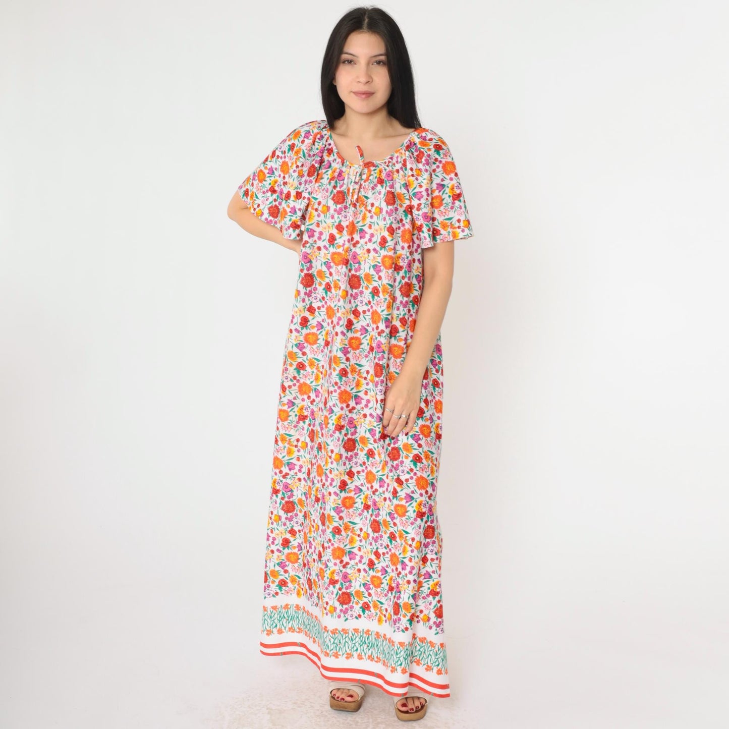 70s Floral Maxi Tent Dress Flutter Sleeve Pullover Large