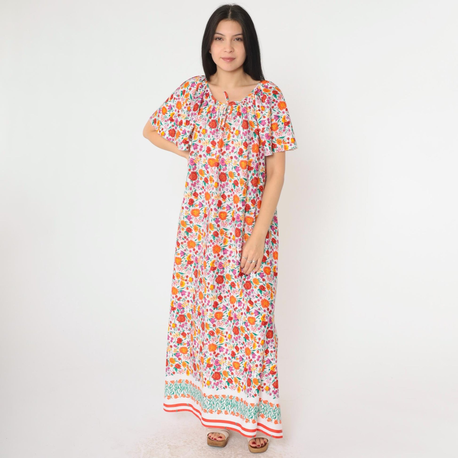 70s Floral Maxi Tent Dress Flutter Sleeve Pullover Large