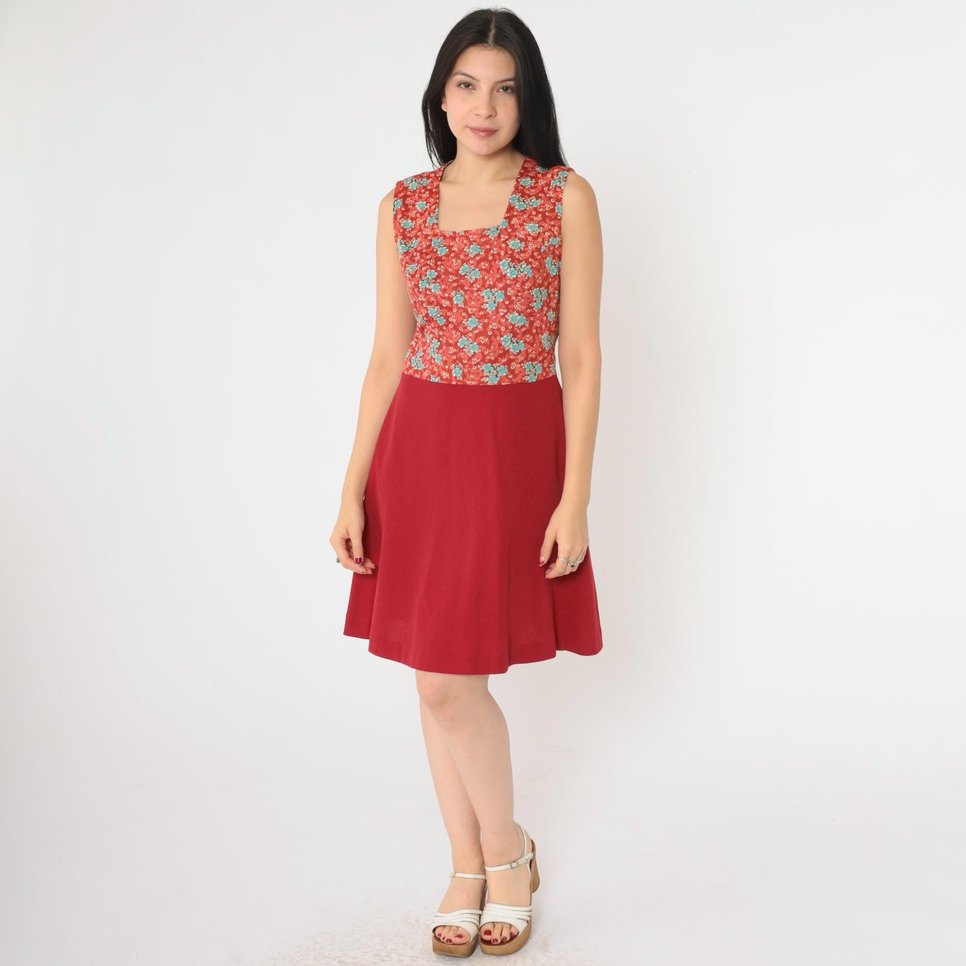 1960s Red Floral Mini Dress Sleeveless High Waist Fit Flare Small