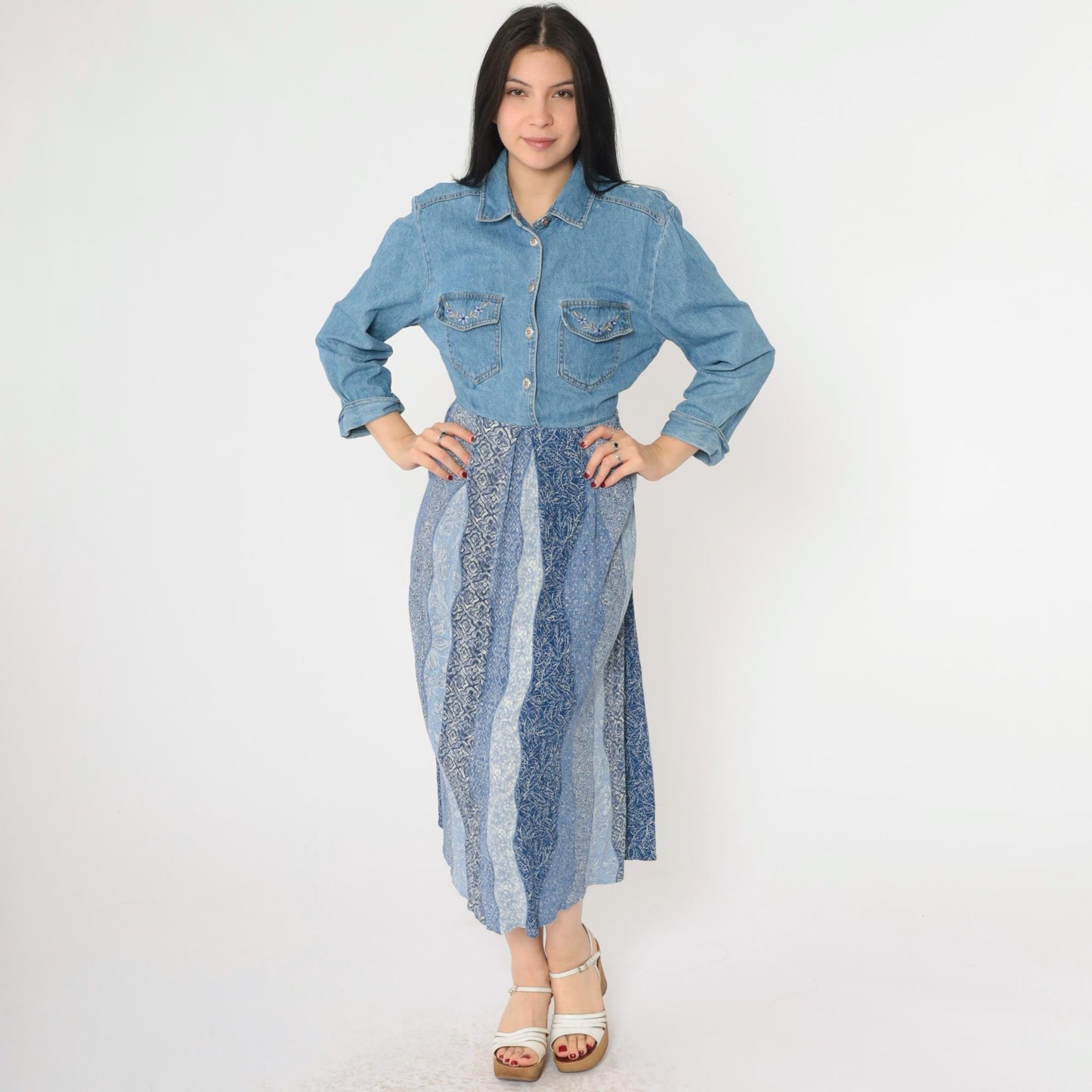 90s Nina Piccalino Denim Dress Floral Embroidered Patchwork Midi Medium