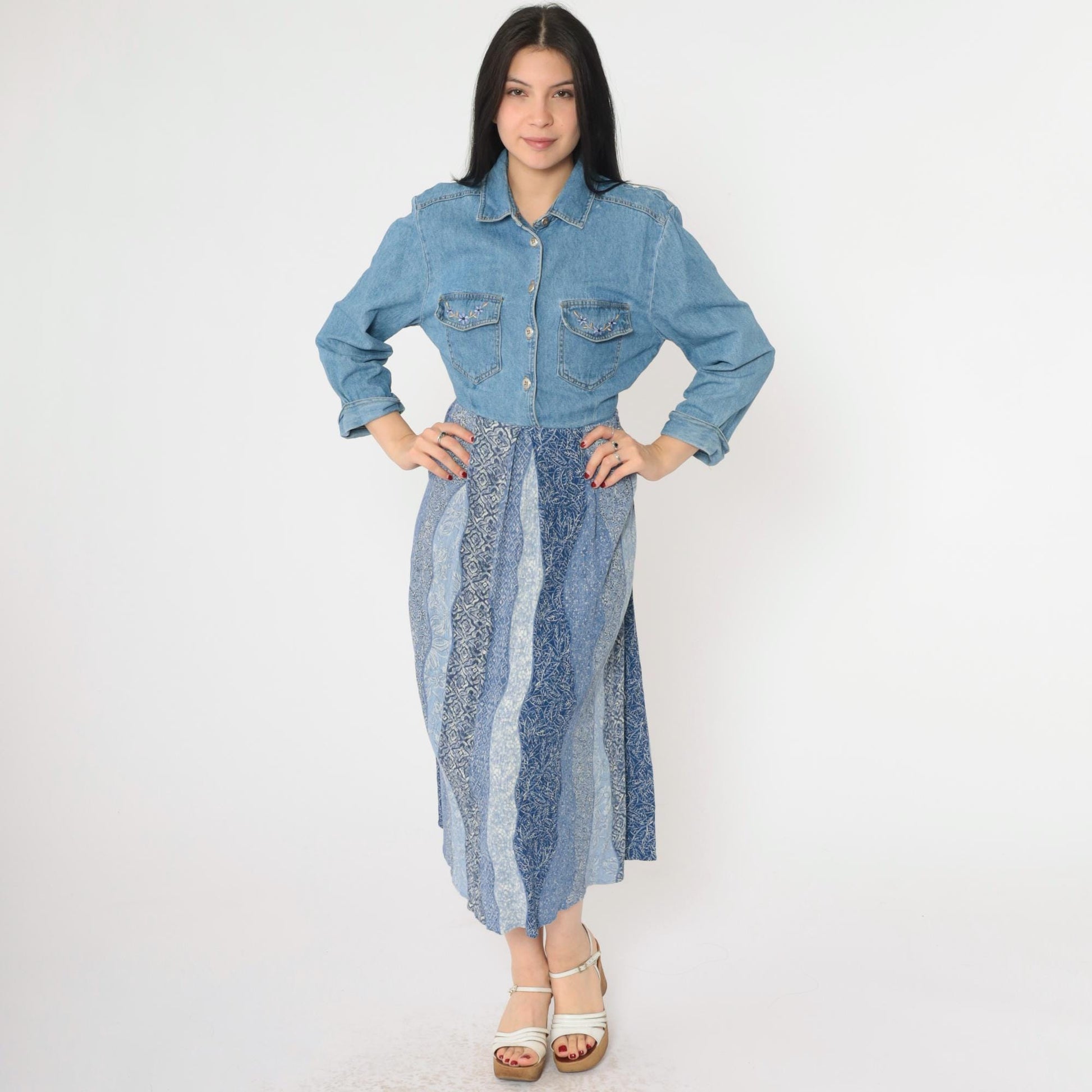 90s Nina Piccalino Denim Dress Floral Embroidered Patchwork Midi Medium