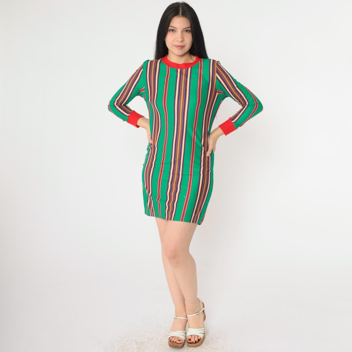 60s Stardust Striped Mini Lounge Dress Green Red Ringer Trim Long Sleeve Extra Small