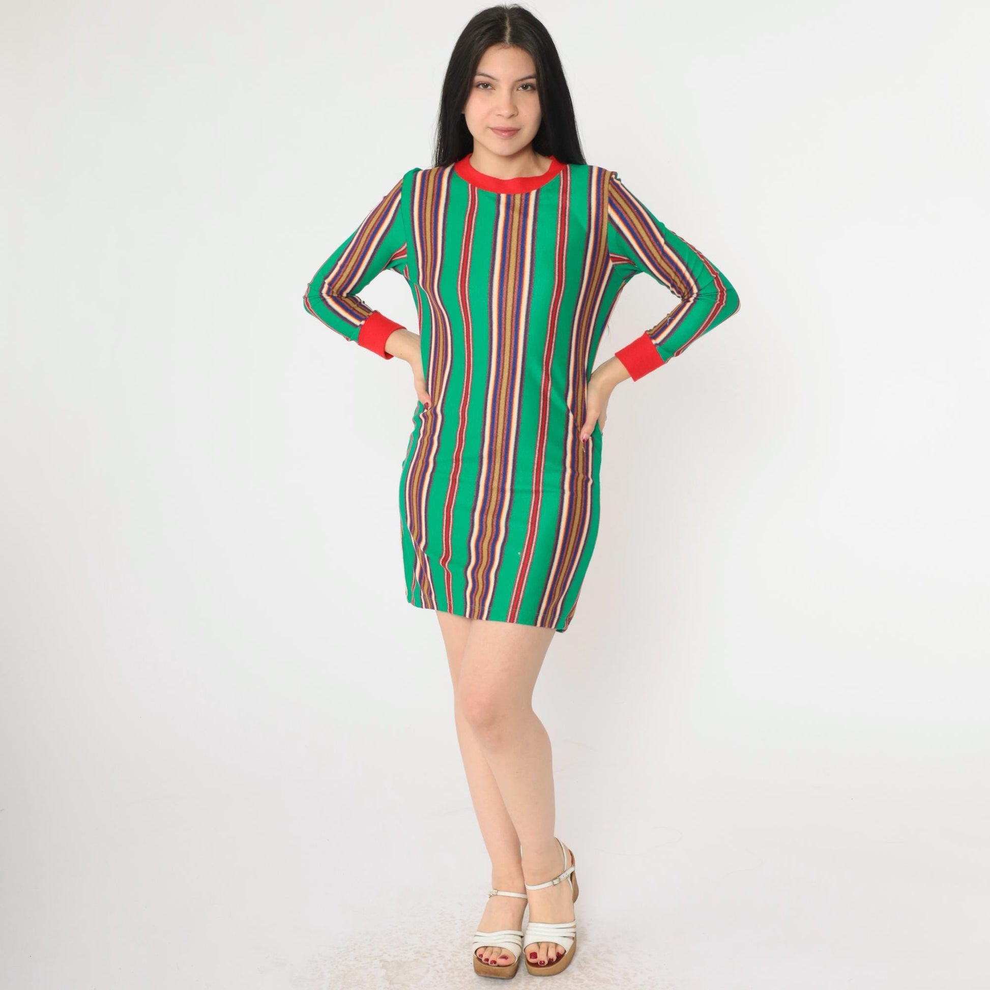 60s Stardust Striped Mini Lounge Dress Green Red Ringer Trim Long Sleeve Extra Small