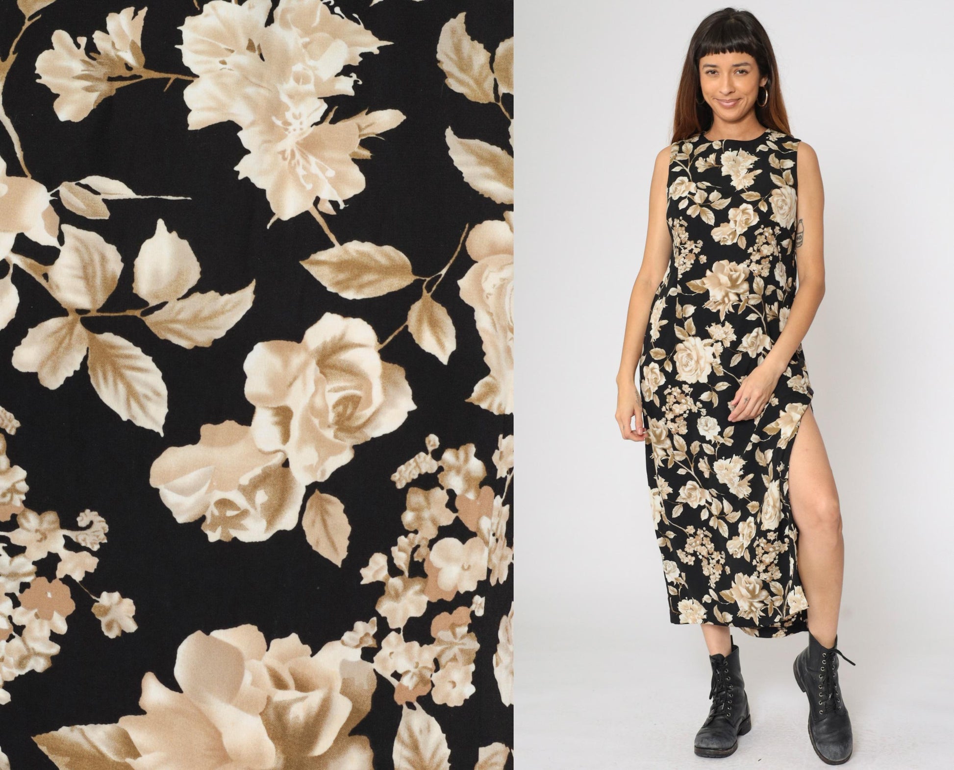 90s R & K Originals Black Floral Rose Midi Dress Sleeveless High Neck Medium 10