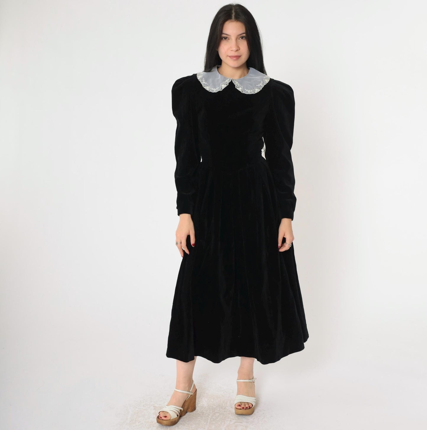 80s Laura Ashley Mother and Child Black Velvet Midi Dress White Lace Collar Extra Small